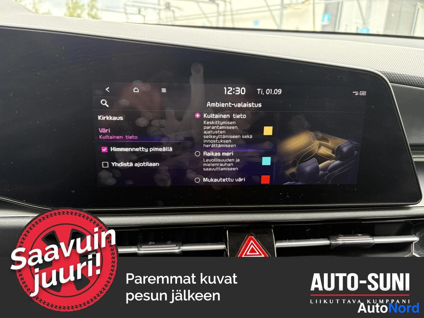 Muu: Kojelaudan infotainment-näyttö ambient-valaistuksen asetusvalikossa, kello 12:30