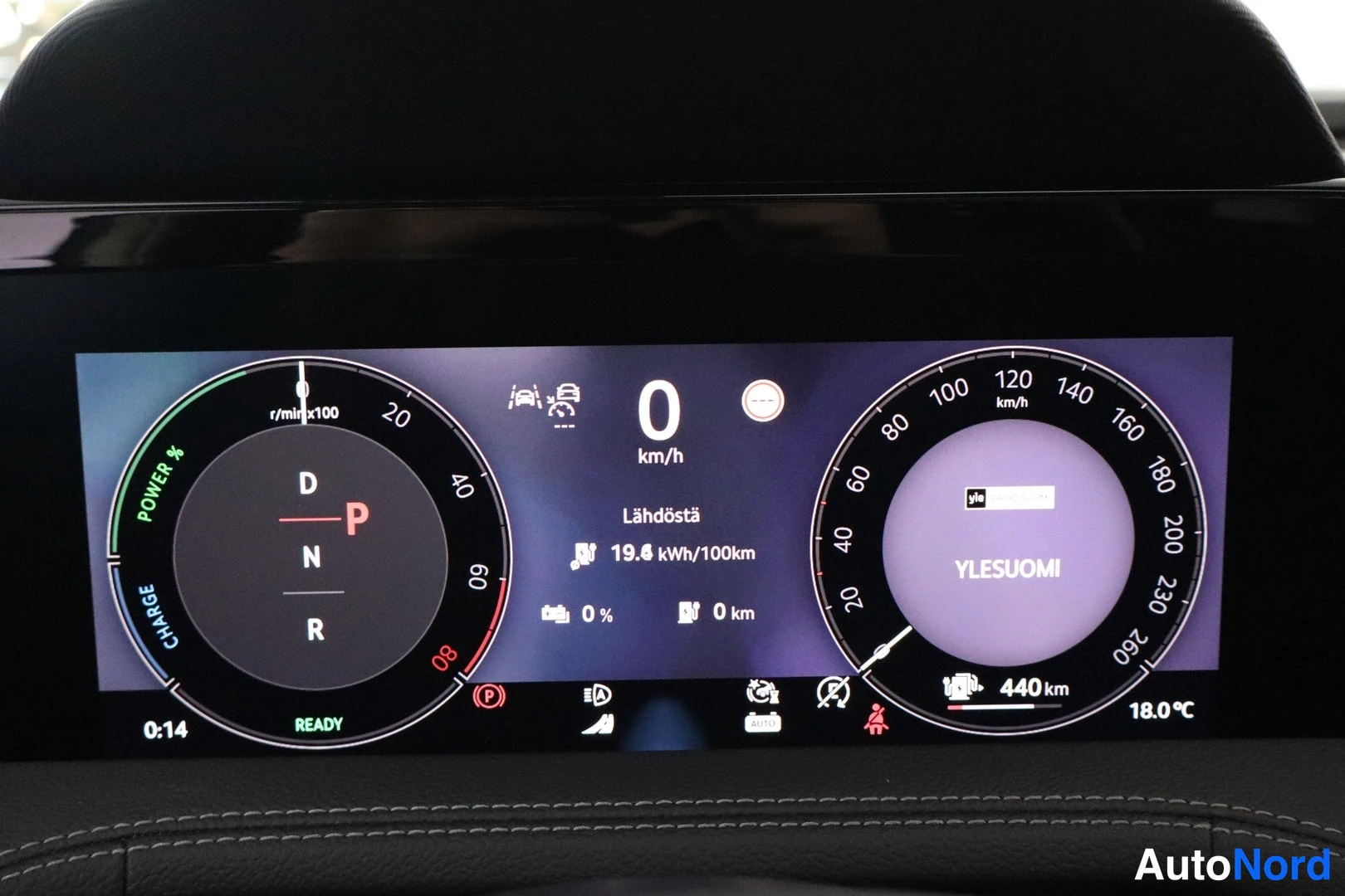 Takaa: Digitaalinen kojelauta näyttää 0 km/h, 19,8 kWh/100km ja 440 km