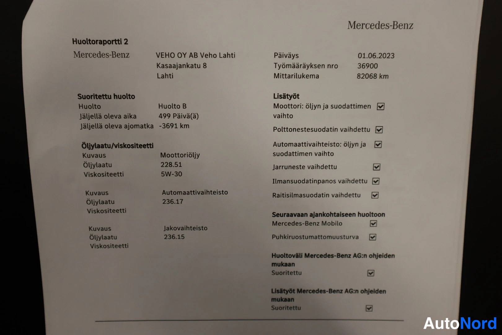 Asiakirja: Mercedes-Benzin huoltoraportti 2: huolto B 1.6.2023, mittarilukema 82068 km.