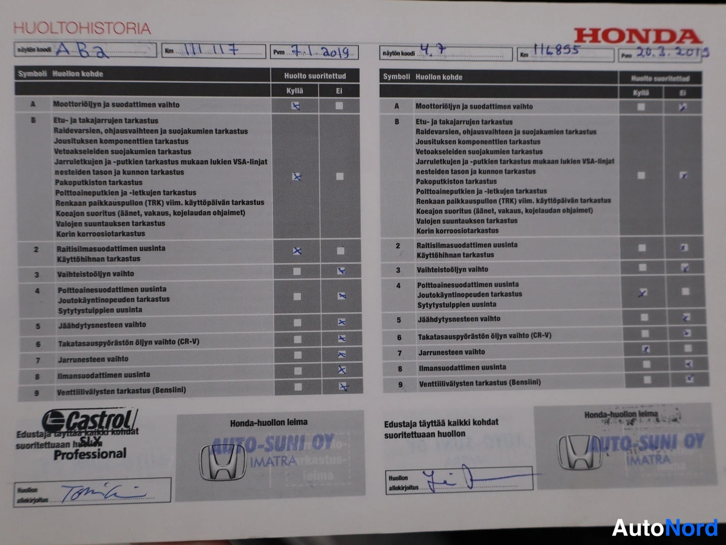 Muu: Honda-huoltohistoria-asiakirja kahdella huoltotäytöllä, km 111117 (3.1.2019) ja 116835 (20.3.2019), Auto-Suni Oy Imatra.