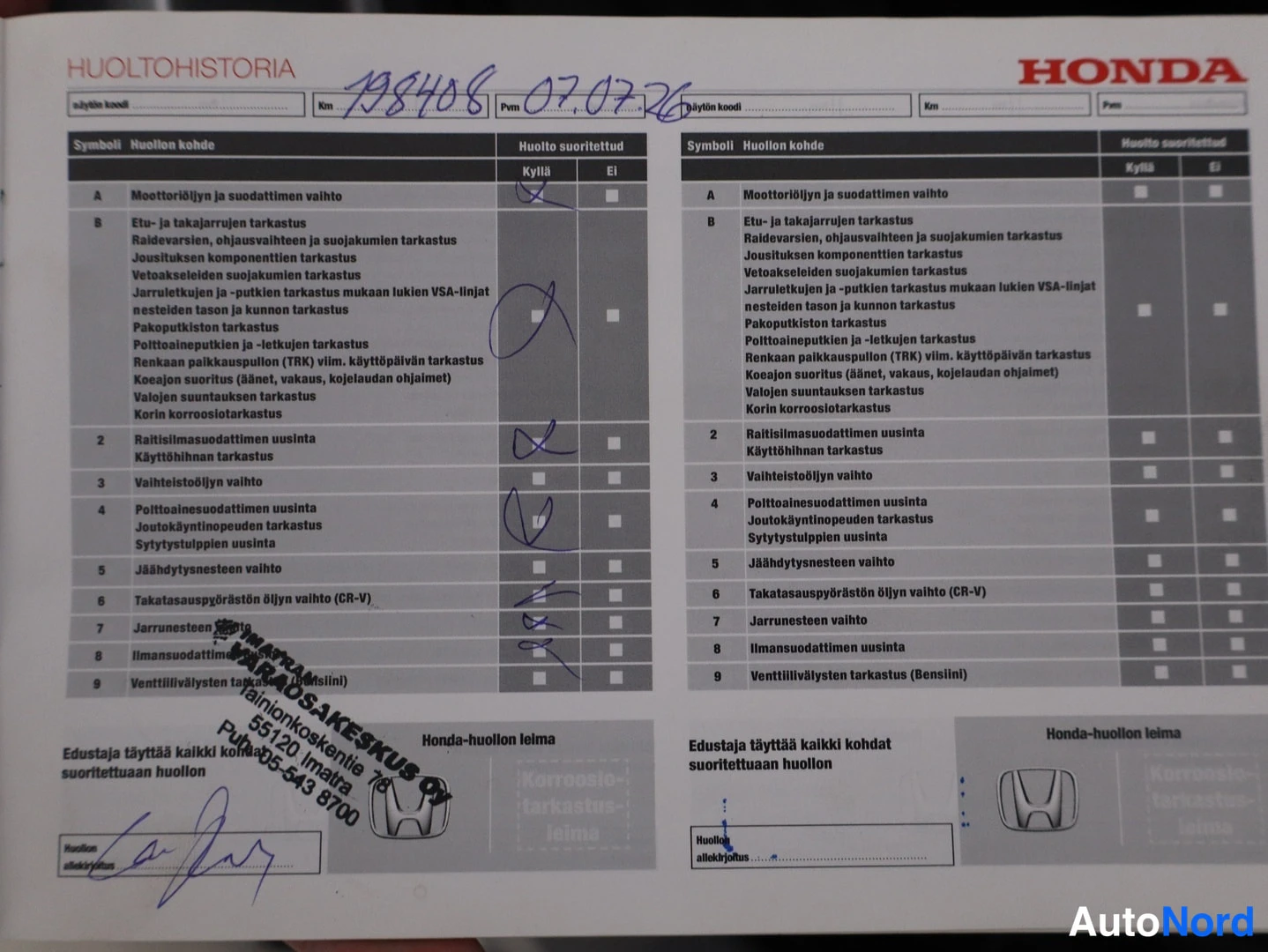 Muu: Huoltohistoria-dokumentti, Honda, merkitty km 198408 ja päiväys 07.07.26, huollot rastitettu