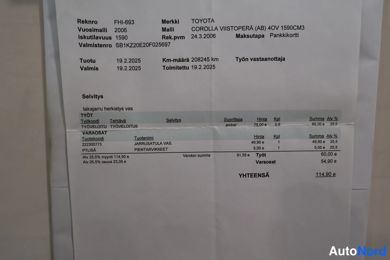 Asiakirja: Asiakirjakuva korjauslaskusta, jossa takajarrun herkistys vas tehty, yhteensä 114.90 euroa.