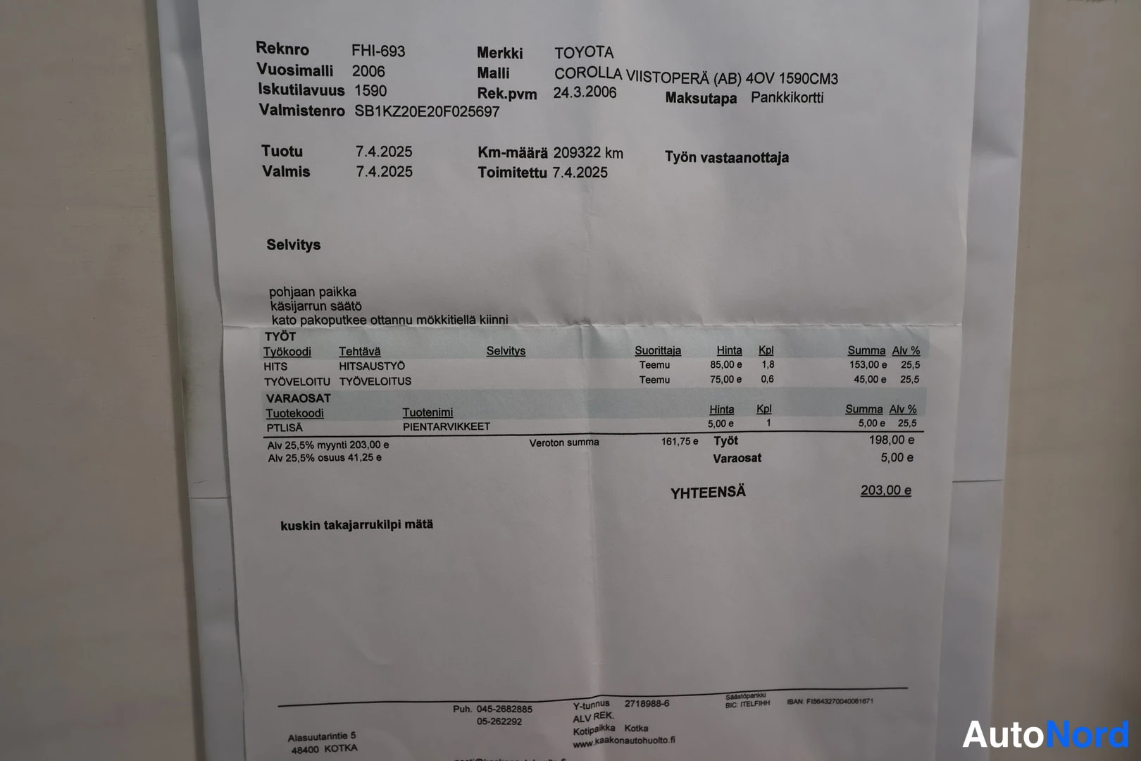 Muu: Korjaustöiden työseloste Toyota Corolla -autolle, kokonaissumma 203,00 euroa