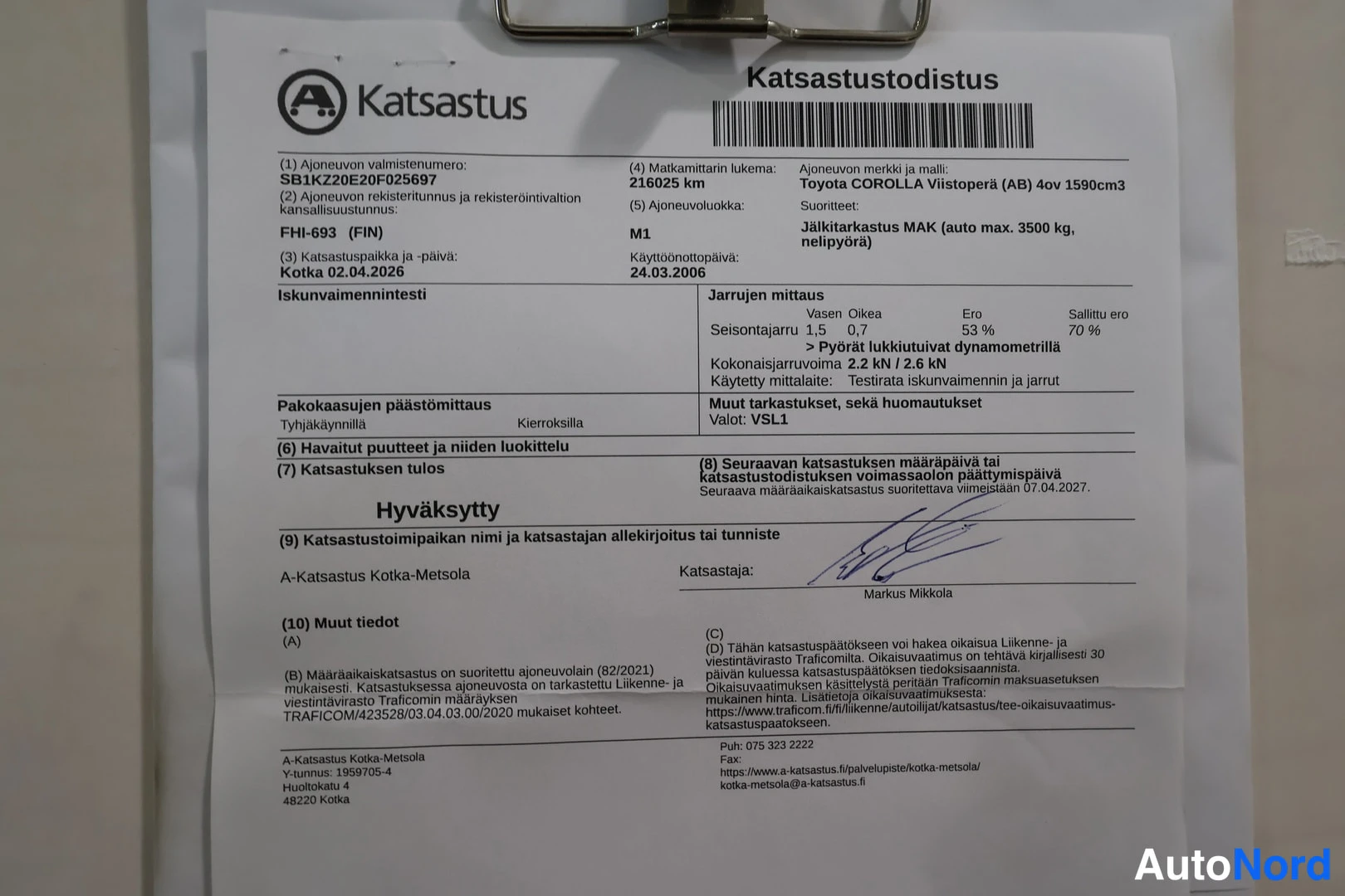 Muu: Katsastustodistus Toyota Corolla -autolle, hyväksytty katsastus Koktan-Metsolassa 24.03.2026