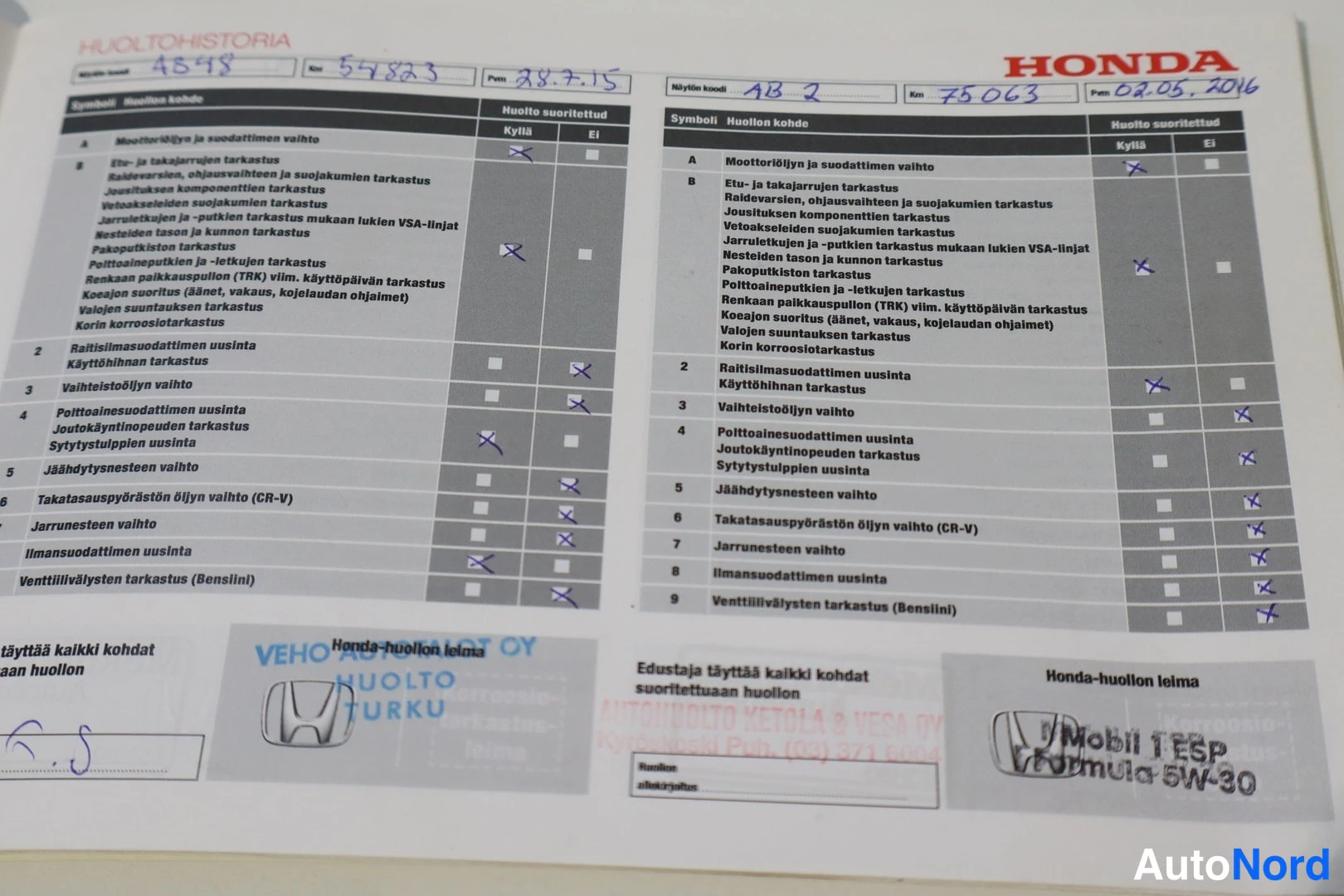 Muu: Huoltokirjan sivu: kaksi huoltosivua leimoilla 'VEHO AUTOLTO TURKU' ja 'Mobil 1 ESP Formula 5W-30', käsin kirjatut ajokilometrit 54 823 ja 75 063, päivät 28.1.1