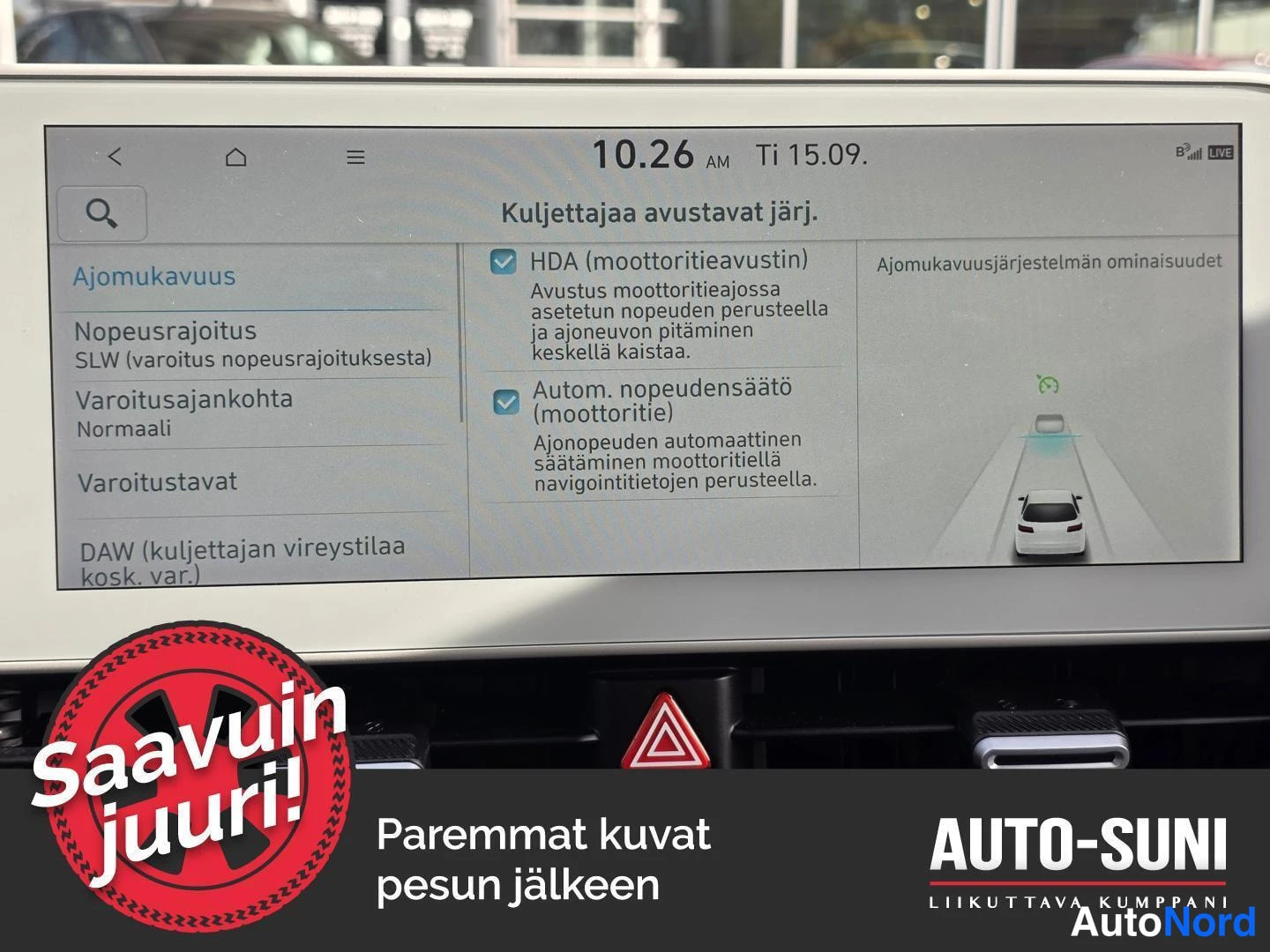 Muu: Kuljettajaa avustavien järjestelmien asetusnäkymä, HDA ja Automaattinen nopeudensäätö valittu