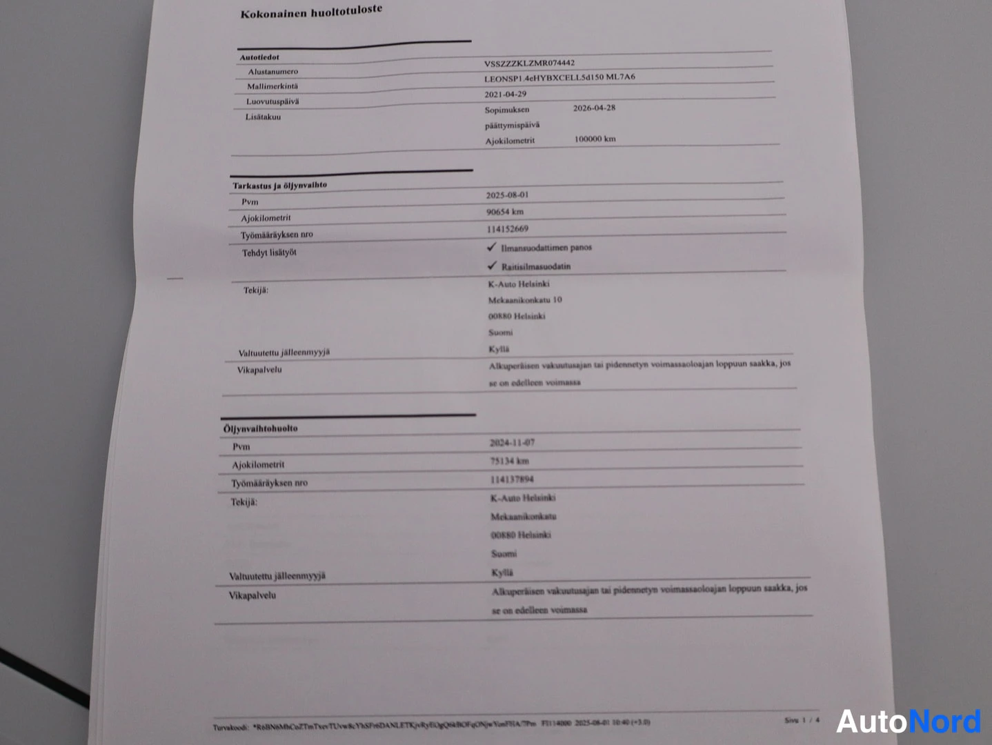 Asiakirja: Kokonainen huoltotuloste, jossa autotiedot: alustanumero VSSZZZKLZMR074442, mallimerkintä LEONNSP1_4eHYBXCELL5d150 ML7A6, laatimispäivä 2021-04-29.