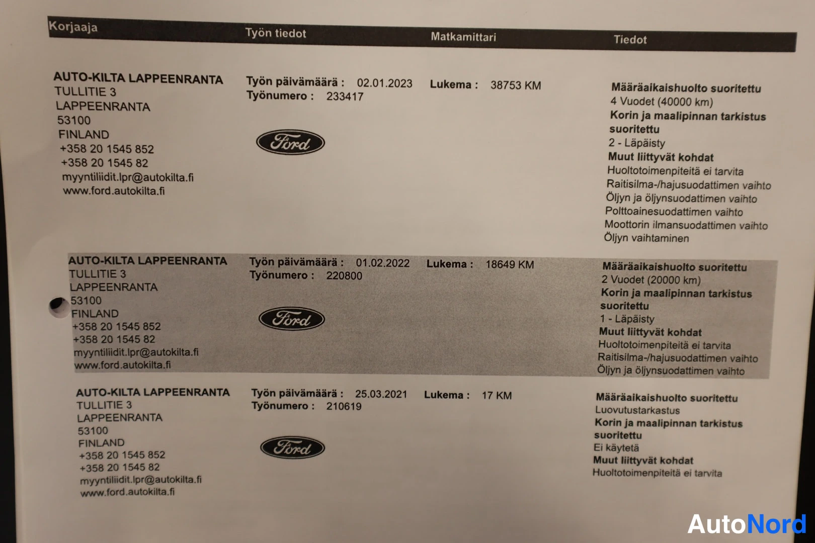Asiakirja: Korjaustodistus, jossa kolme huoltoa Auto-Kilta Lappeenrannalta, viimeisin 2.1.2023 lukemalla 38753 km
