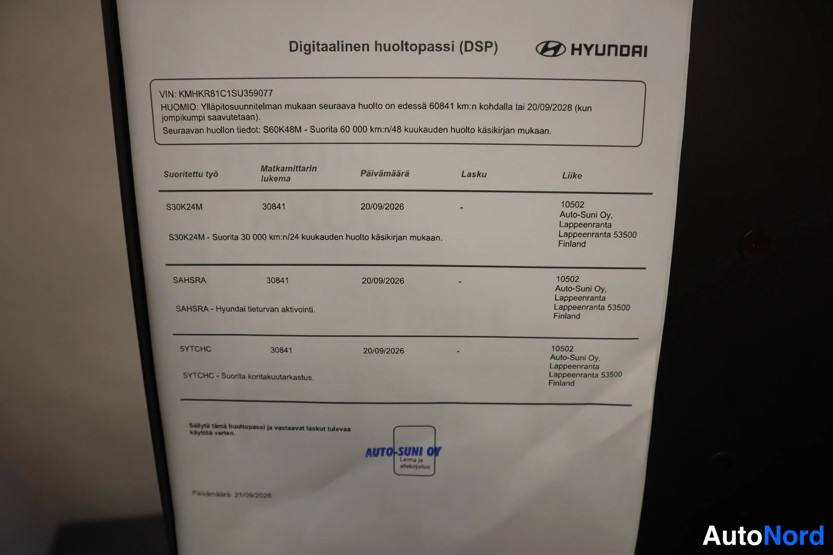 Muu: Hyundai digitaalinen huoltopassi, jossa huoltotietuetta S30K24M 30 841 km 20/09/2026.
