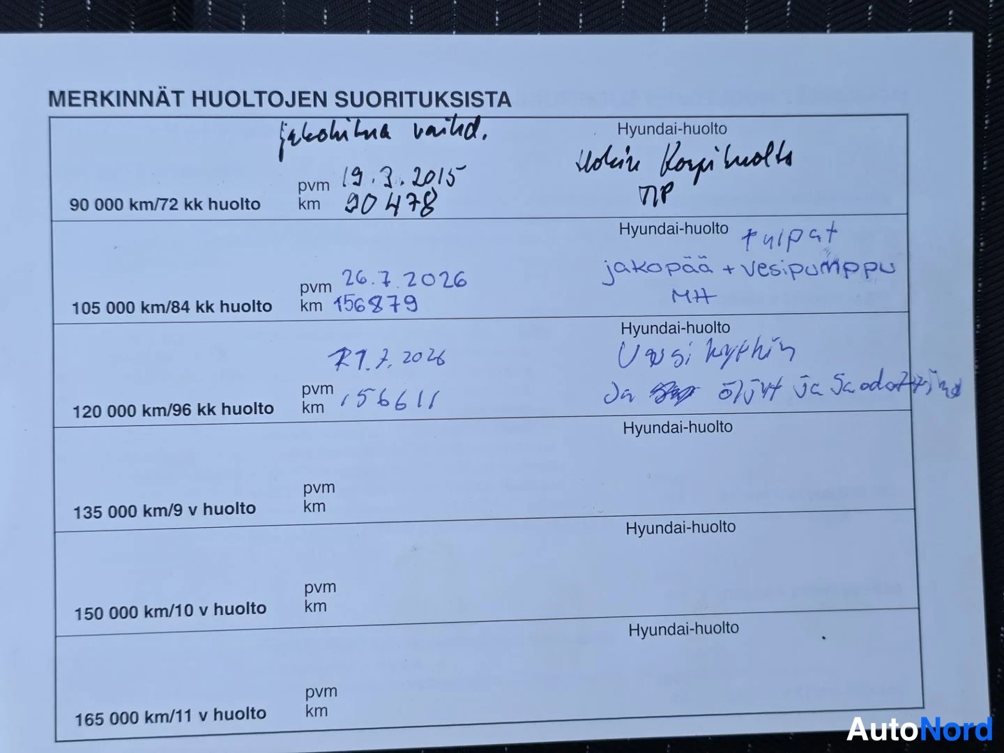 Asiakirja: Huoltokirjan sivu otsikolla MERKINNÄT HUOLTOJEN SUORITUSISTA, jossa muistiinpanoja huolloista.
