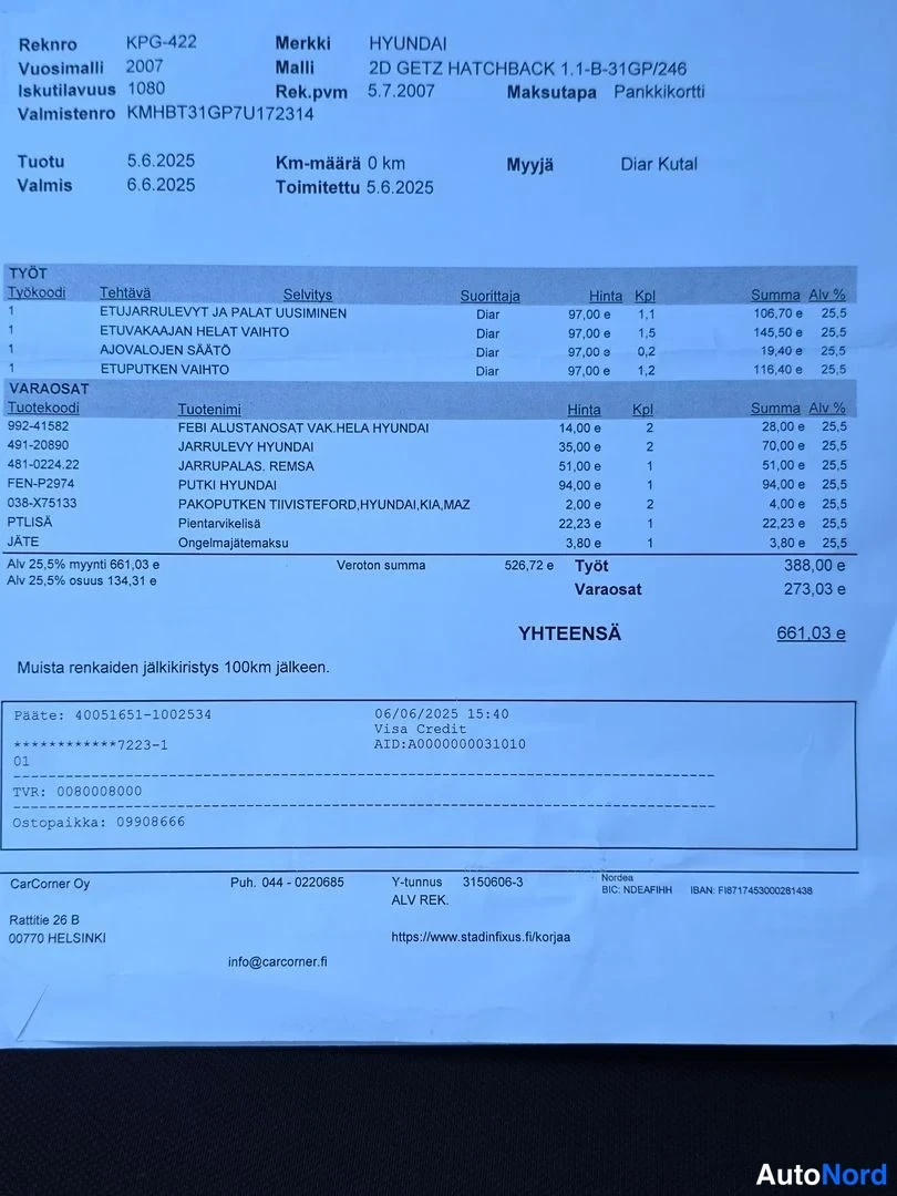 Asiakirja: Finnish vehicle repair invoice on blue paper listing tasks such as front fender replacement and parts including wheel bearings, showing total of 661.03 e at Car
