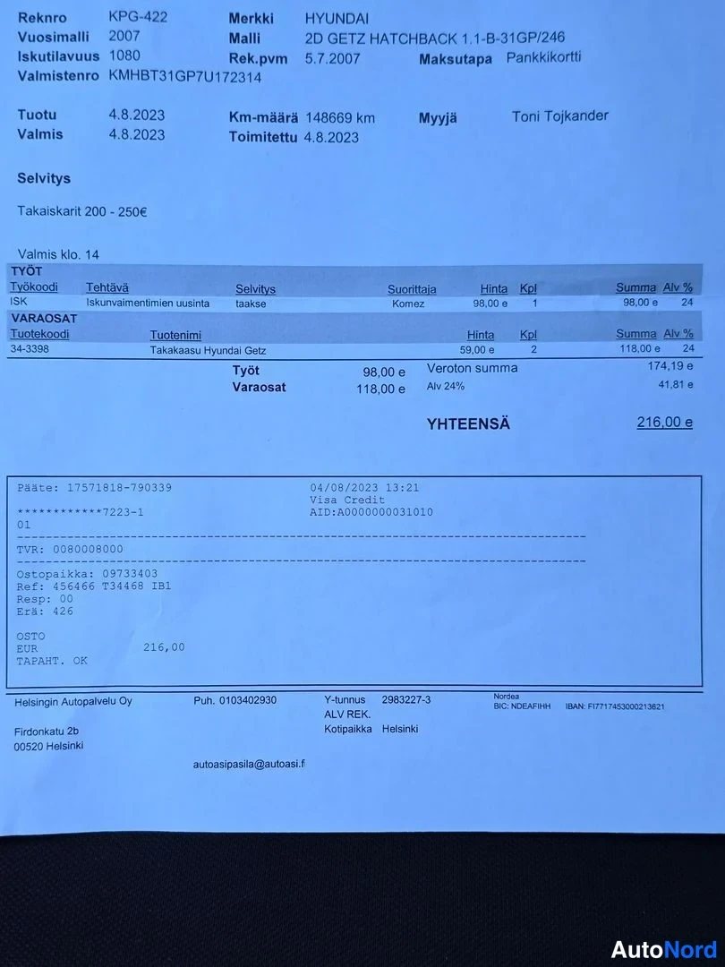 Asiakirja: Page of a Finnish automotive service document for the same Hyundai Getz (registration ) listing work and parts with a total of 216.00 e dated 04/08/2023.