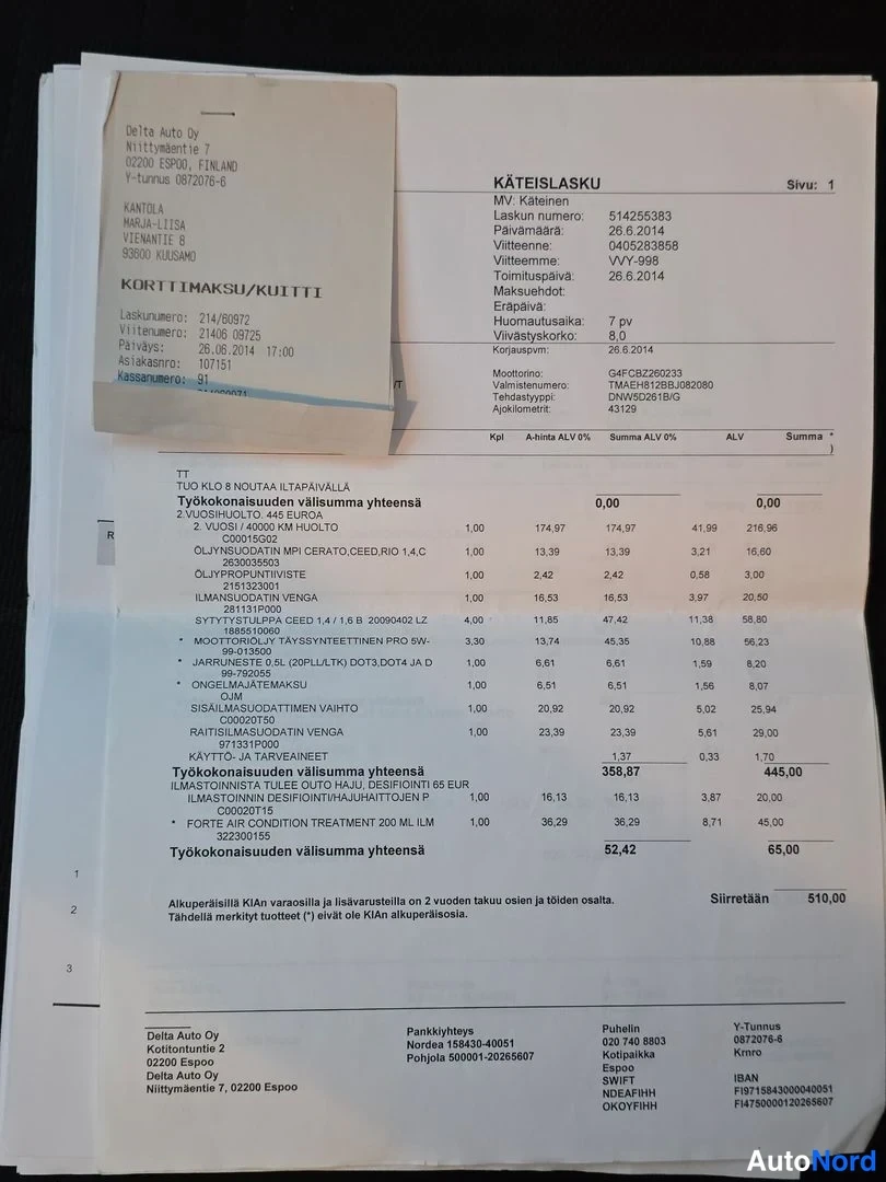 Asiakirja: Lähikuva asiakirjasta, jossa on teksti KÄTEISLUASKU ja yhteenveto työkustannuksista