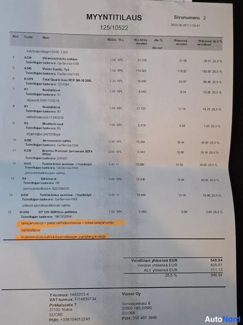 Asiakirja: Myyntitilaus sivu 2, osa työstä ja varaosista listattuna
