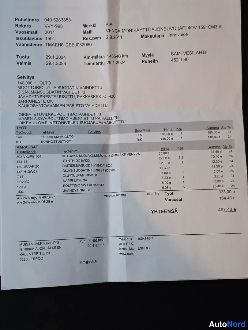 Asiakirja: Asiakirja, jossa kuvataan automerkki, malli, vuosimalli, rekisterinumero, kuljettama ja hinta