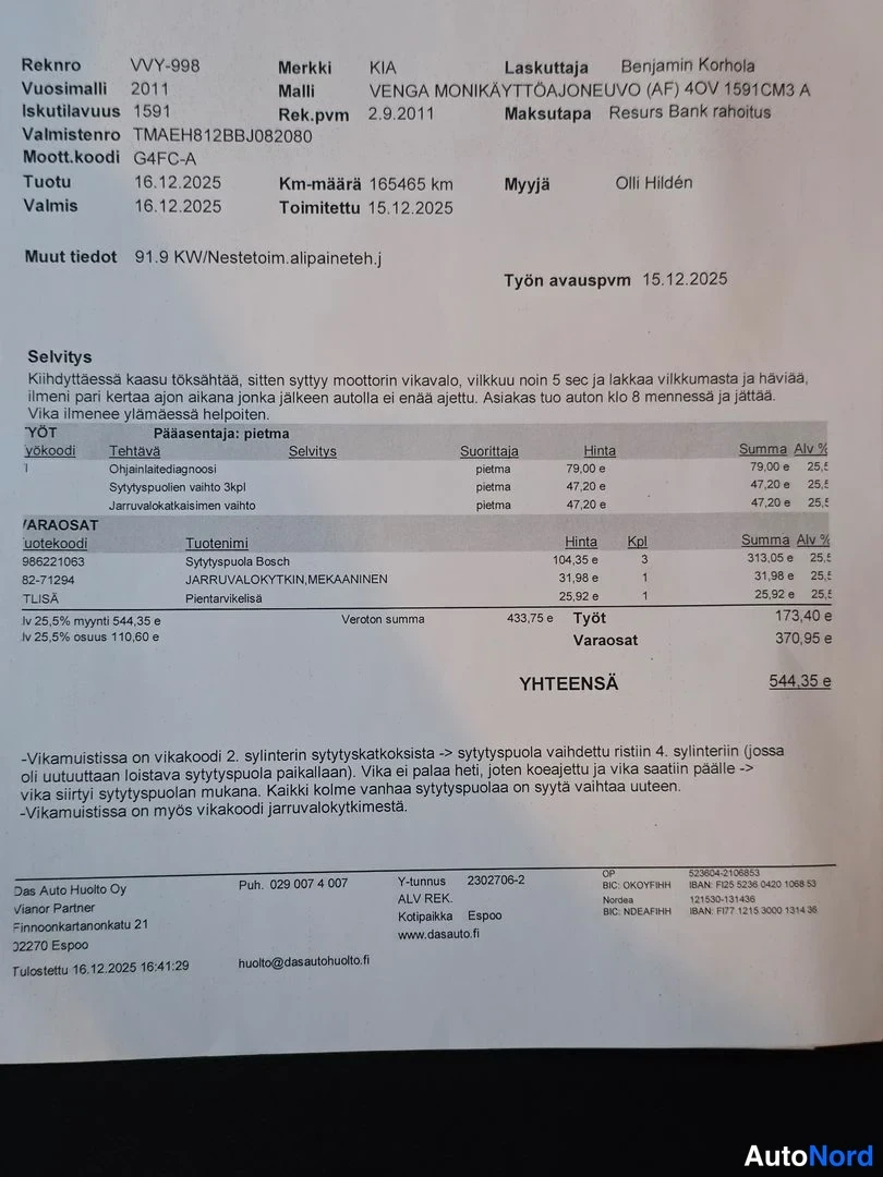 Asiakirja: Palvelulaskelma Kia Venga autolle. Vuosimalli 2011. Km-määrä 165465 km. Laskun päiväys 15.12.2025.