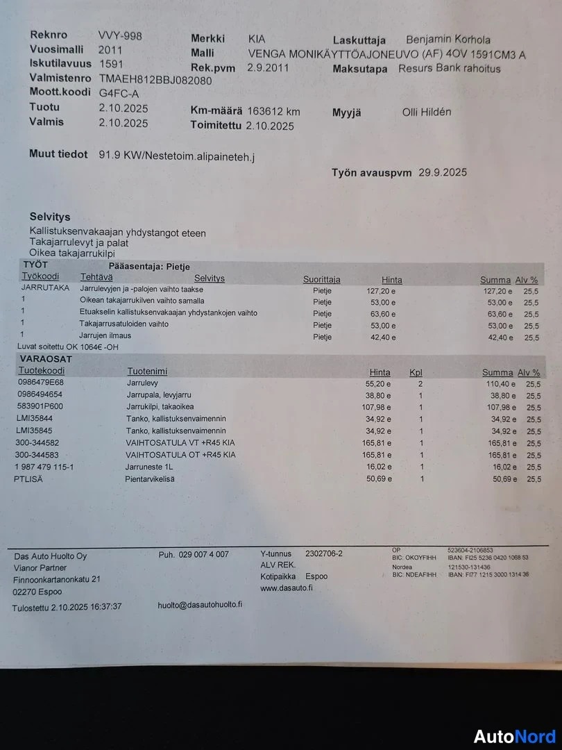 Asiakirja: Palvelulaskelma Kia Venga autolle. Vuosimalli 2011. Km-määrä 163612 km. Laskun päiväys 29.9.2025.