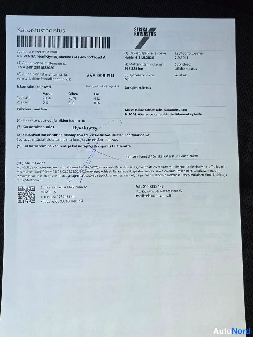 Asiakirja: Seiska-katsastustodistus. Kia Venga MONI KÄYTTÖ AJONEUV O (AF), vuosimalli 2011, katsastettu 11.9.2026 Helsinki.