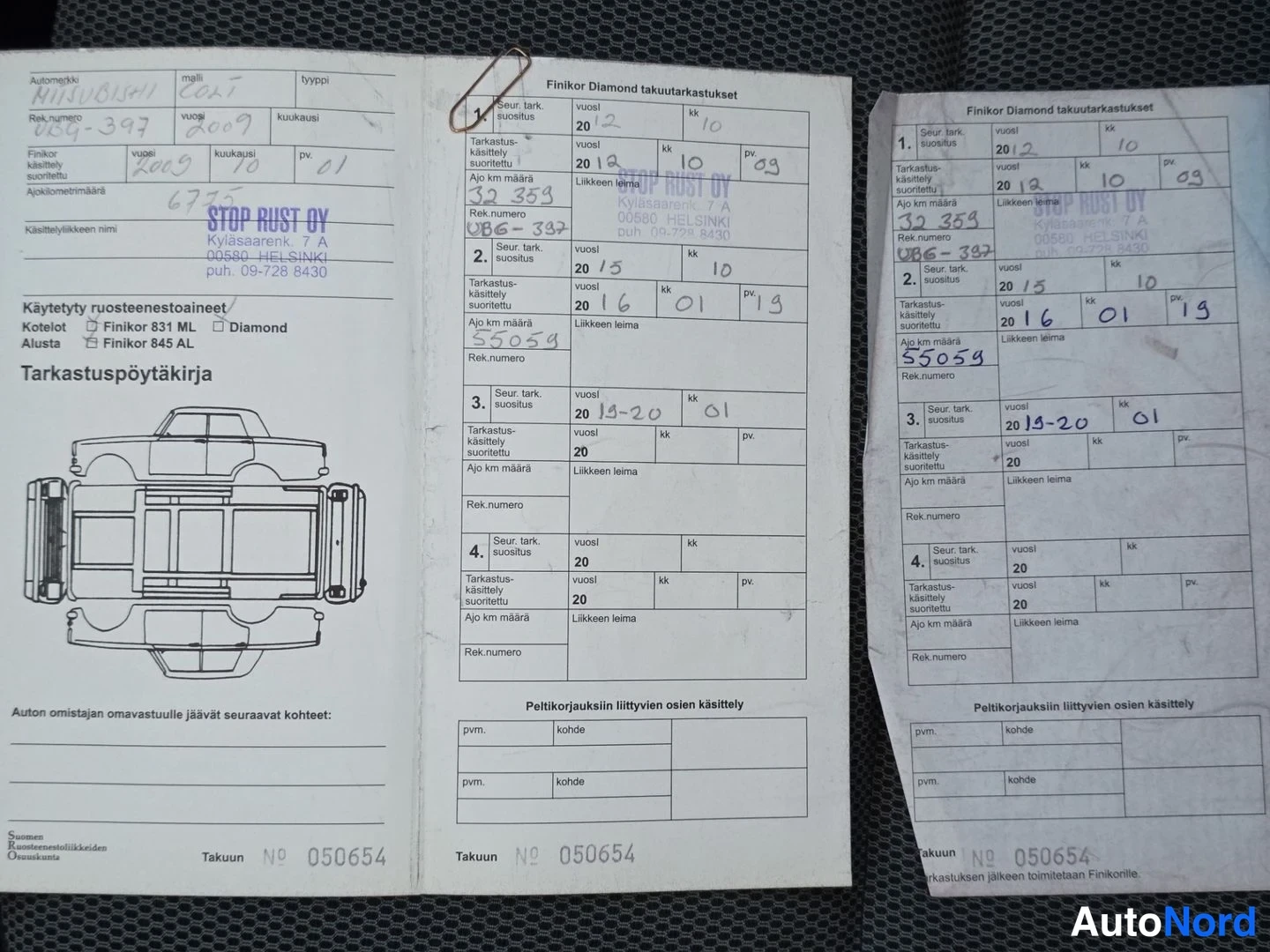 Asiakirja: Anti-rust warranty booklet (Finikor Diamond takuutarkastukset) displaying the car's registration number UB6-397, model year 2009 and mileage at first rust check