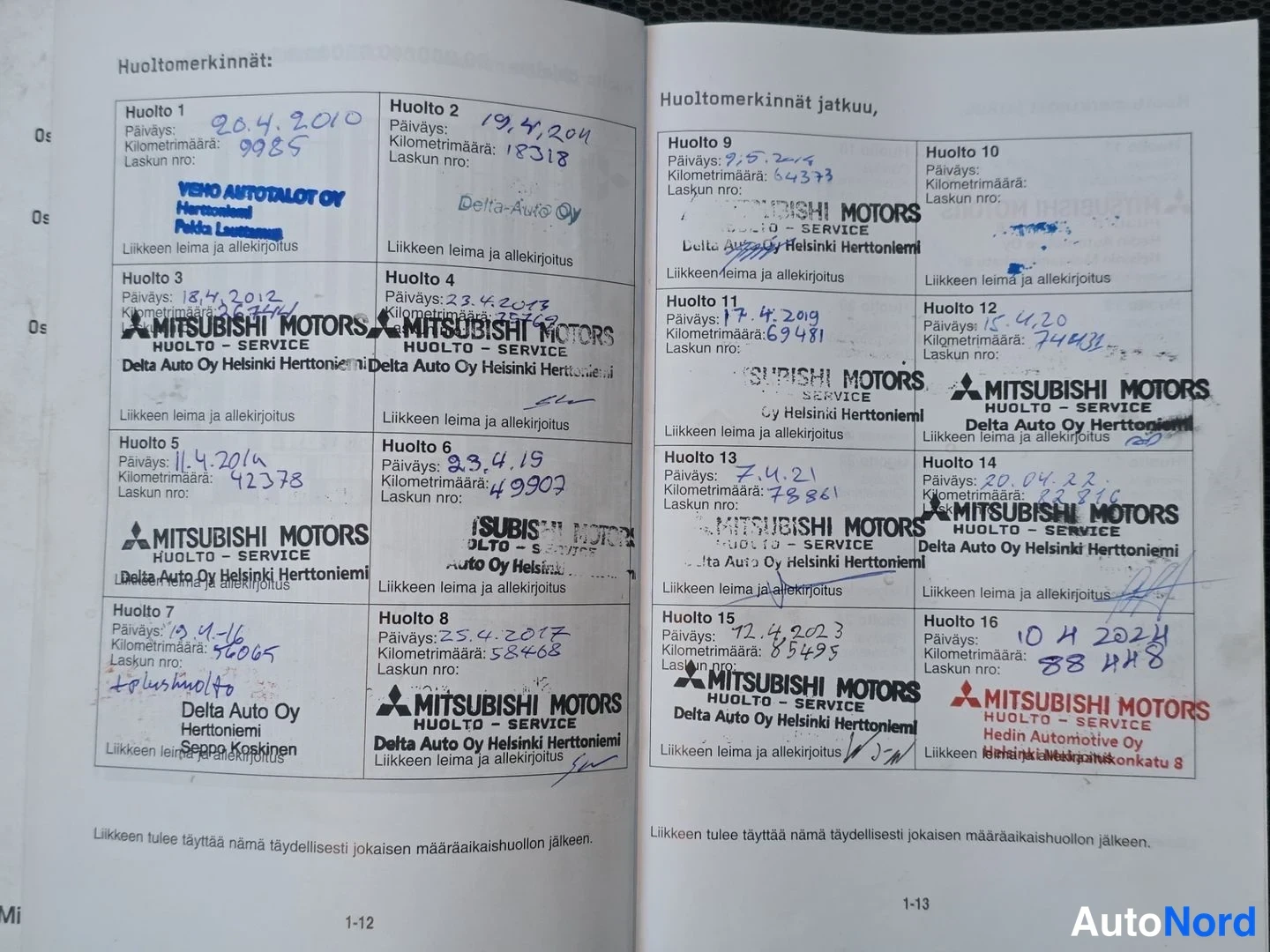 Asiakirja: Opening page of service history showing entries for Huolto 1 through Huolto 8 with handwritten dates, mileages and shop stamps from Mitsubishi Motors / Delta Au