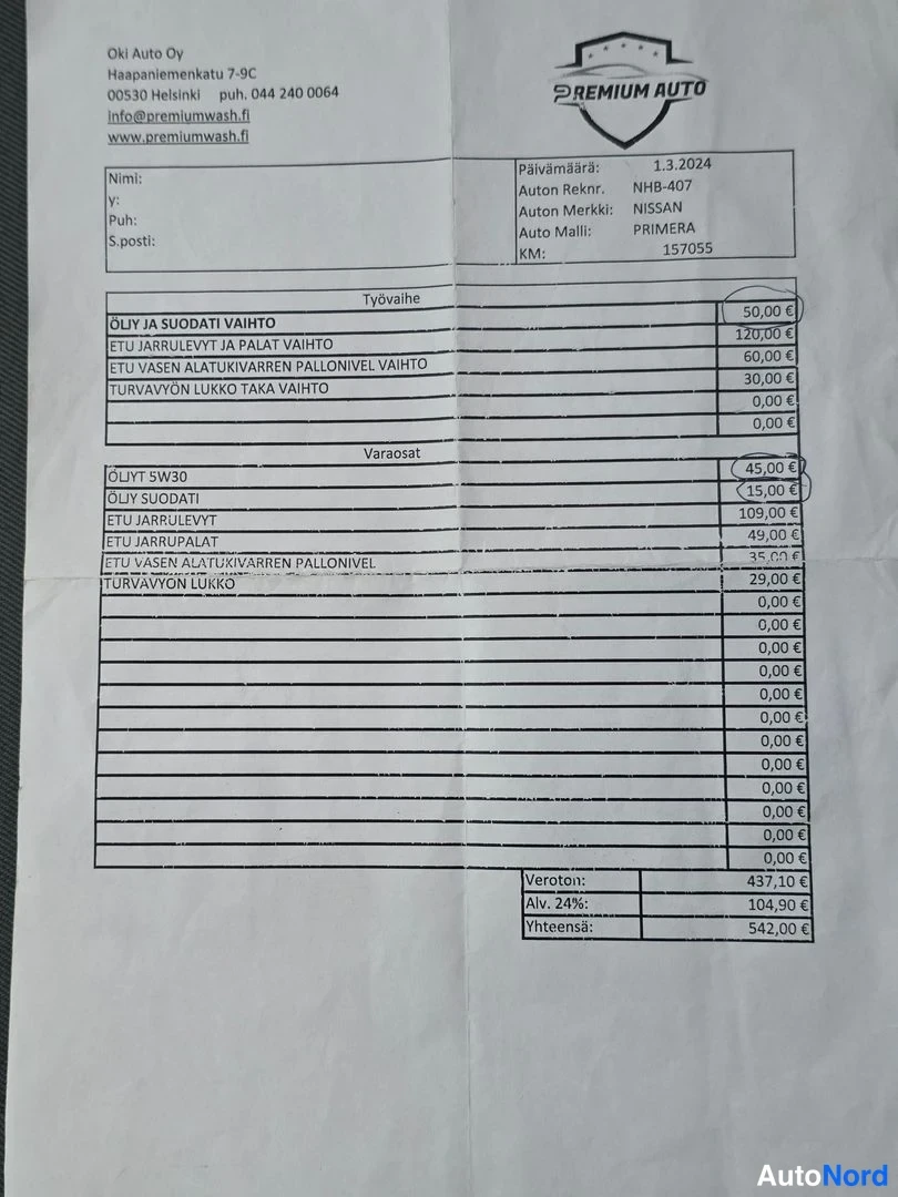 Asiakirja: Premium Auto Oy -lasku päivitetty 1.3.2024. Auto: NISSAN PRIMER A, Km: 157055. Laskun summa yhteensä 542,00€. Työvaiheet ja varaosat, kuten öljynvaihto ja jarru