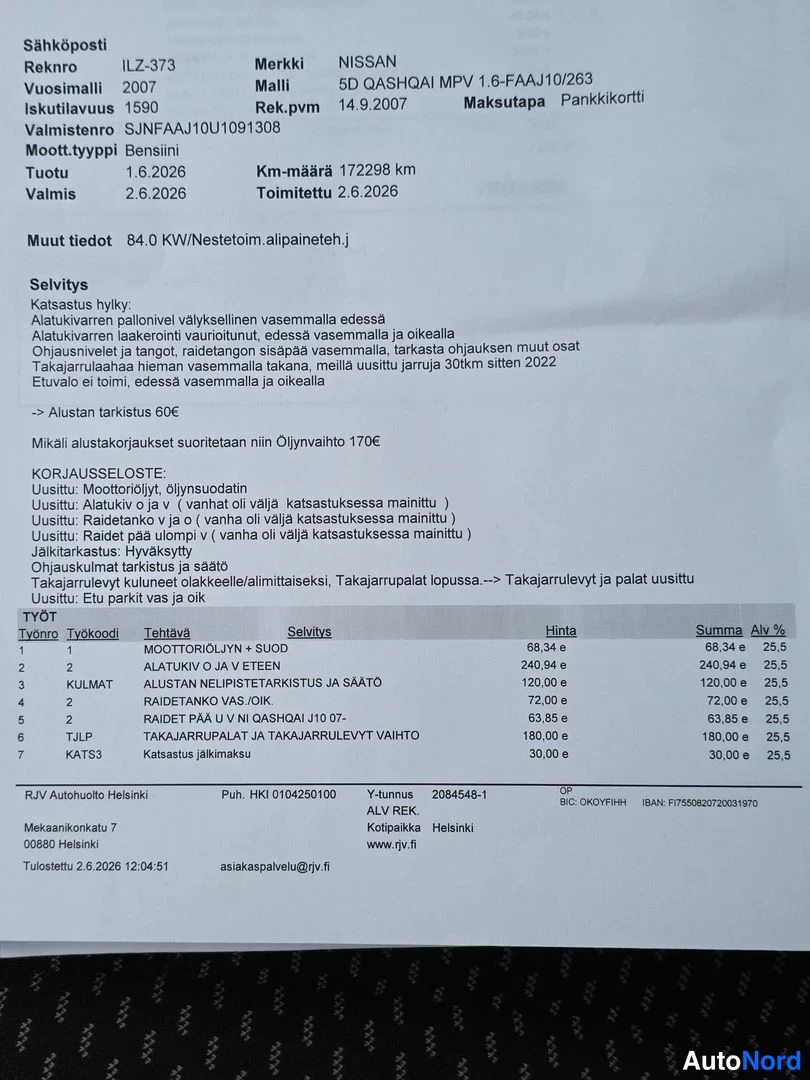 Asiakirja: Document close-up of a vehicle inspection report in Finnish titled Sähköposti. Visible text includes make NISSAN, model 5D QASHQAI MPV 1.6-FAAJ10/263, year 2007