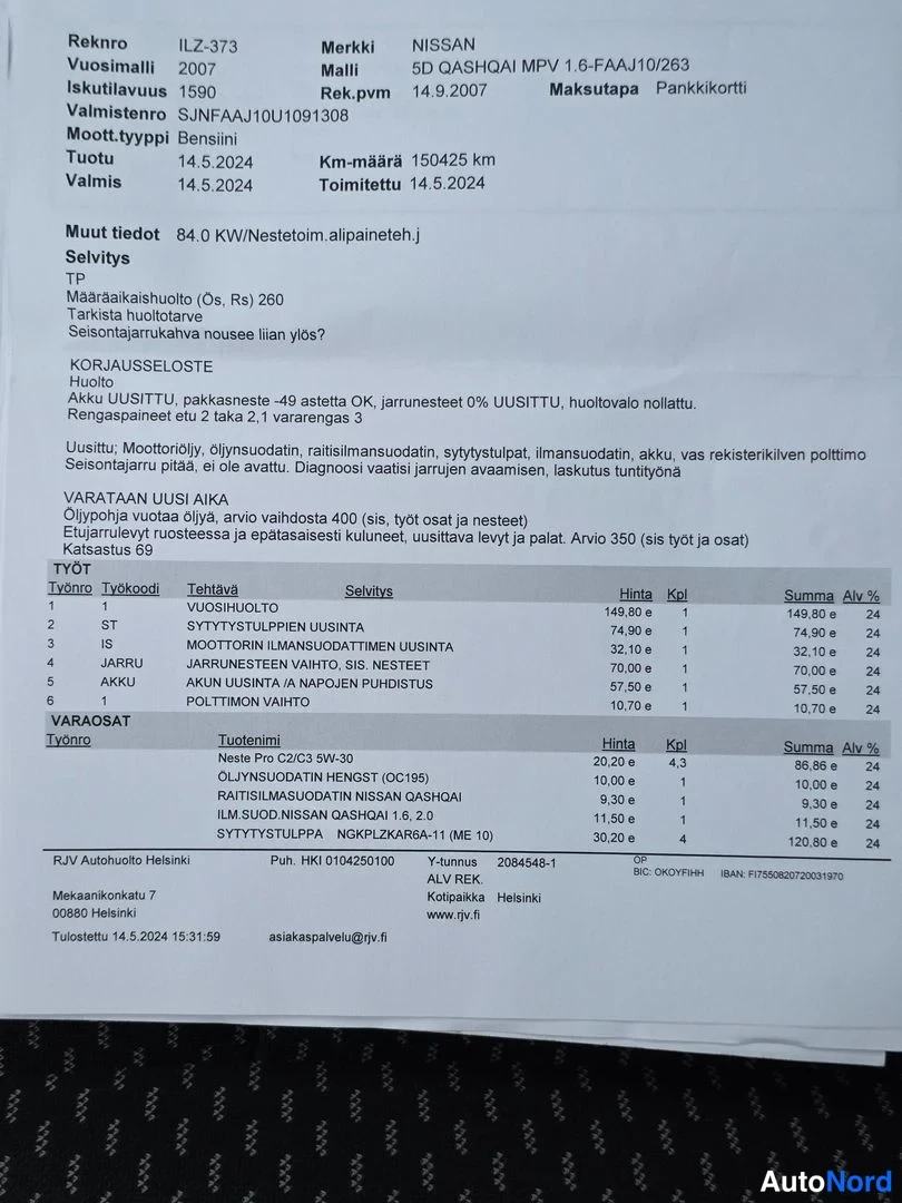 Asiakirja: A printed service invoice (Rekro) from RJV Autohuolto Helsinki dated 14.5.2024 for a 2007 Nissan Qashqai. The document lists 84.0 kW engine power and a current