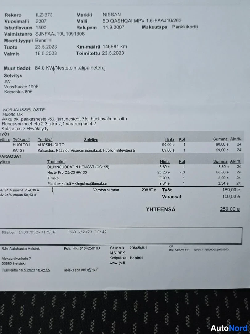 Asiakirja: Finnish service receipt (katsastustodistus) on a white paper sheet with a checkered black-and-white pattern background. The header reads 'KORJAUSSOLOTE' and inc