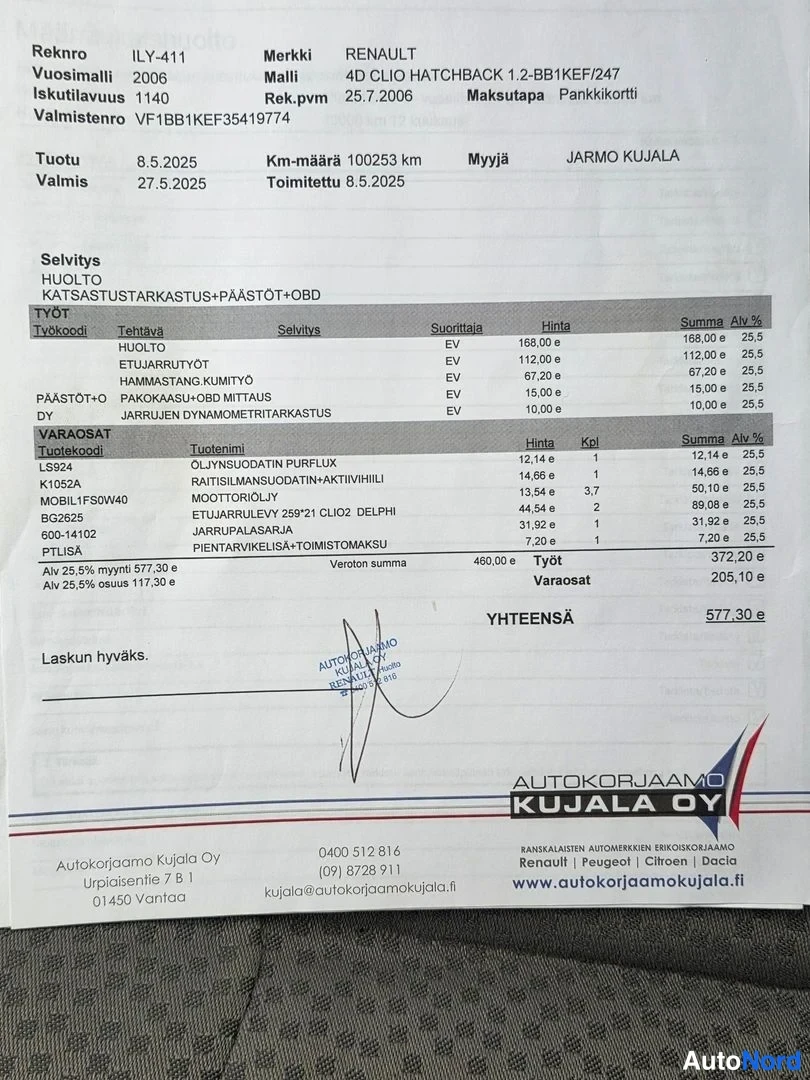 Asiakirja: Lasku/katsastustodistus. Merkki RENAULT, malli 4D CLIO HATCHBACK 1.2-BB1KEF/247, vuosi 2006. Pituksi 1140 km, rek.pvm 25.7.2006. Km-määrä 100253 km. Myyjä Jarmo