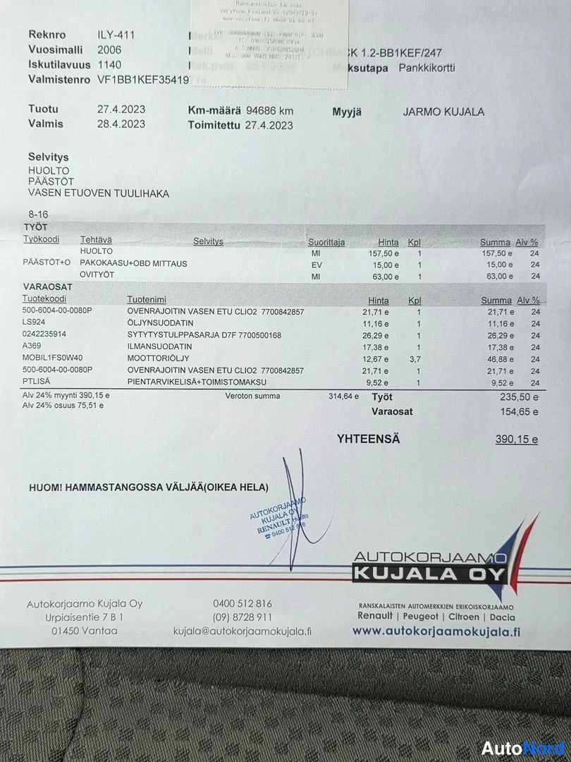 Asiakirja: Finnish service invoice document detailing repairs (PAKOKAASU-OBD MITTAUS), tire replacement, and costs totaling 390.15 € from mechanic Kujala Oy for a 2006 Ren