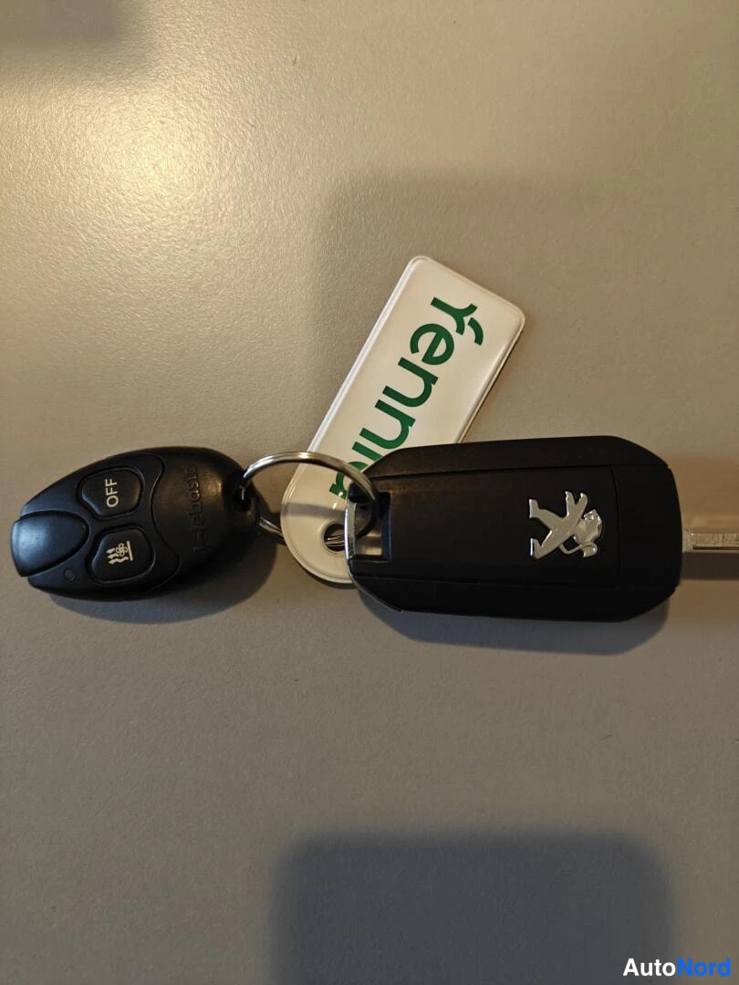 Muu: Peugeot-merkkisen avaimenperän ja mustan kauko-ohjaimen nappiksellinen avainrenkaan päällä, liivissä vihreä Fennia-tunnus.