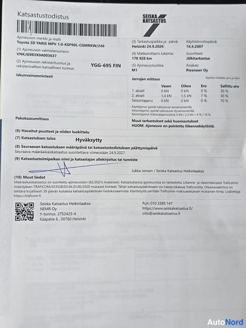 Muu: Katsastustodistus, jossa hyväksytty katsastus ja ajoneuvotiedot.