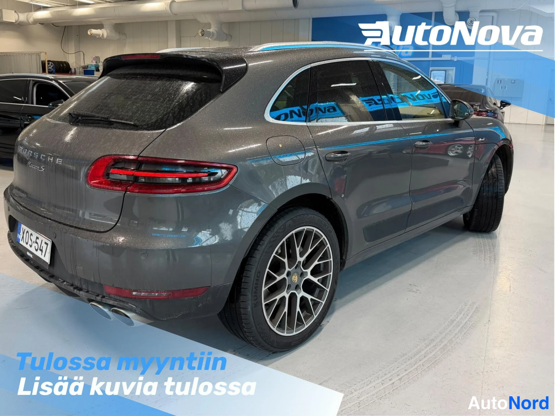 Takaviisto: Auton takakulma kolmesta neljänneksestä vasemmalta, harmaaporrasperäinen henkilöauto sisätiloissa.