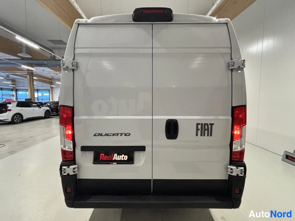 Takaa: Valkoisen pakettiauton takaosa suoraan takaa, takavaloja ja DUCATO- ja FIAT-tekstit näkyvissä.