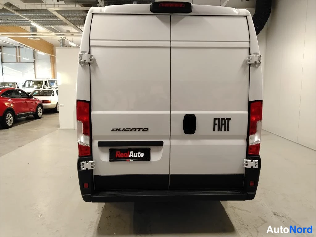 Takaa: Fiat Ducato -pakettiauto suoraan takaa; takaovissa Ducato- ja Fiat-merkit, punaiset takavalot ja RealAuto-kyltti.