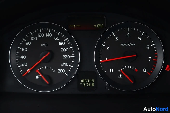 Yksityiskohta: Auton mittaristo: nopeusmittari ja kierroslukumittari, näytössä lukema 186349 km ja 0°C.
