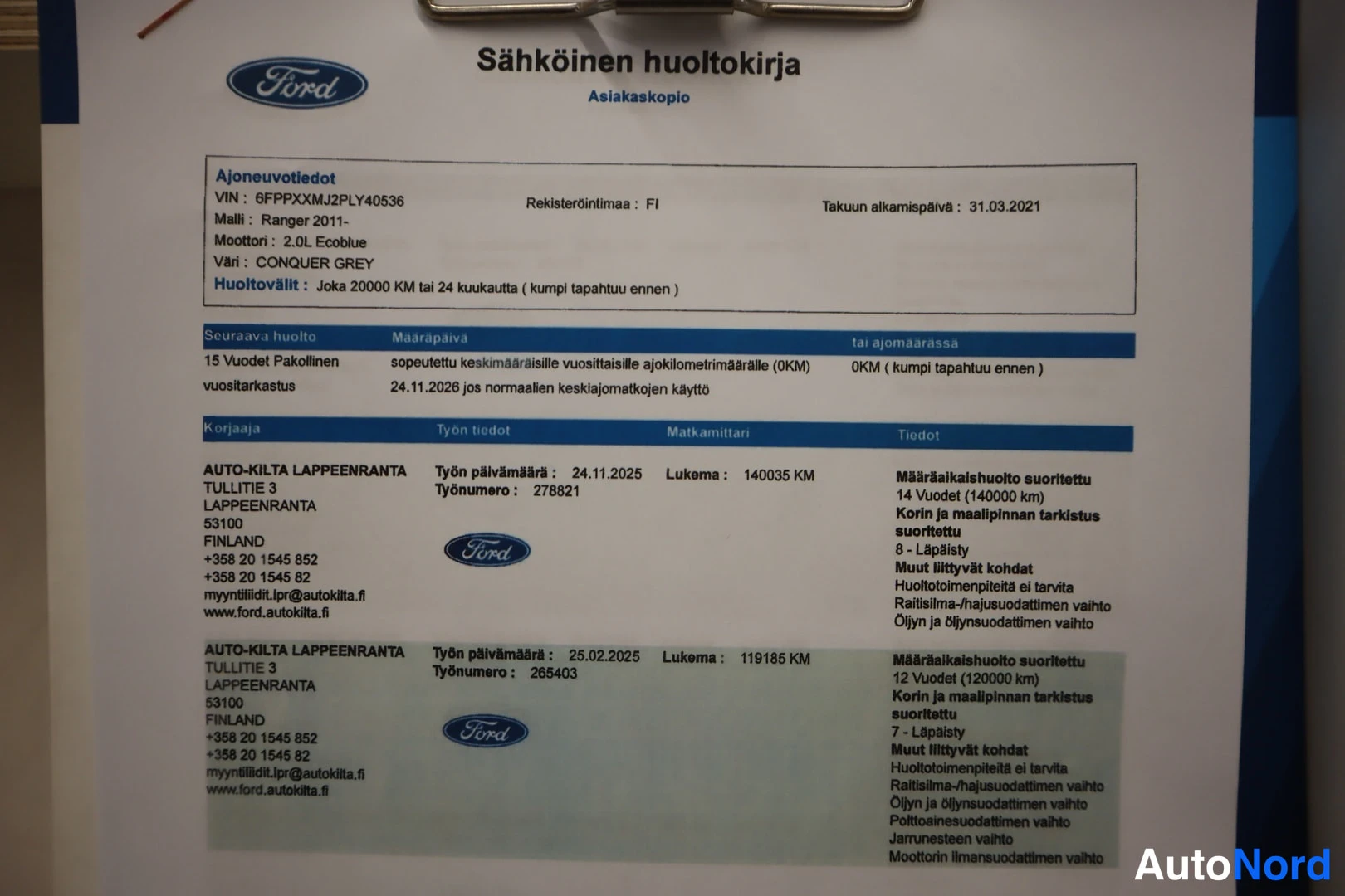 Yksityiskohta: Paperilomake otsikolla Sähköinen huoltokirja. Auto Ford Ranger 2.0 Ecoblue, konetilavuus 1995 cm3, rekisteröinti 31.05.2016. Väri valkoinen.