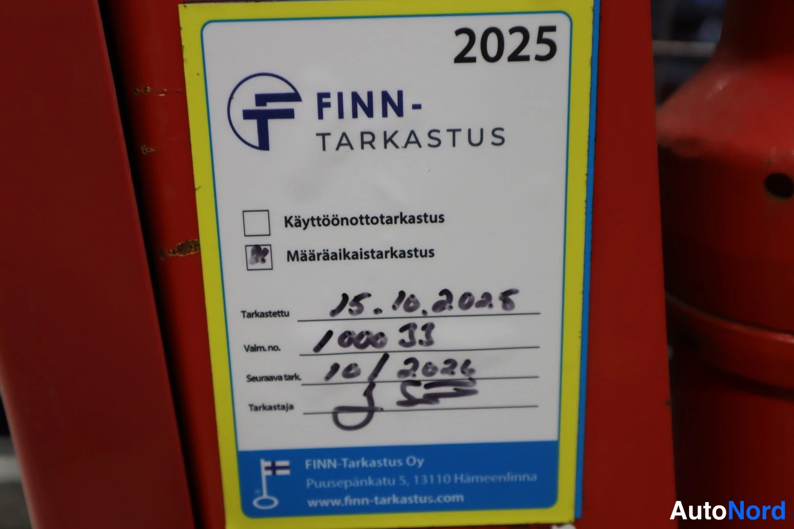 Asiakirja: Finn-Tarkastus 2025 -tarkastustarra: määräaikastarkastus tehty 15.10.2025, seuraava tarkastus 10/2026.
