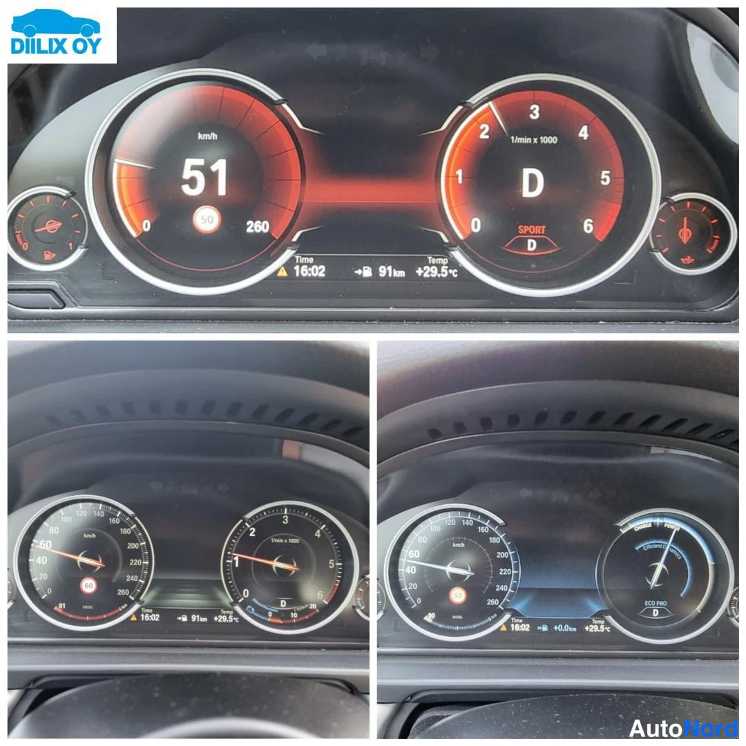 Muu: Kuva-kooste BMW:n digitaalisesta mittaristosta: nopeus 51 km/h, vaihde D, sport-tila, matkatietokone näyttää ajan 16:02, triplaskurin 91 km ja lämmön +29,5 °C;