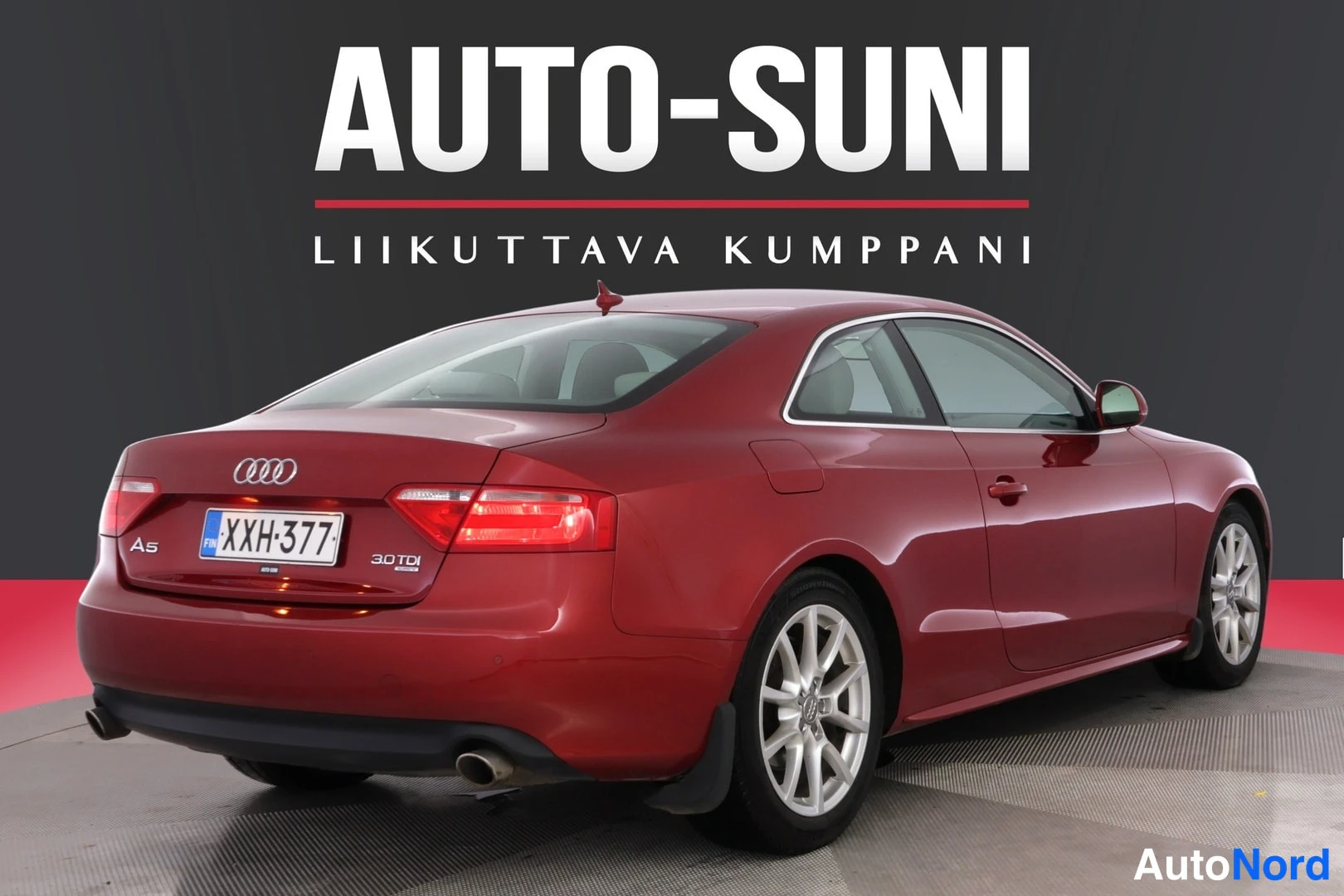Takaviisto: Punaisen Audi A5 -coupén takakolmannesvaade, rekisterikilpi ja A5 3.0 TDI -merkinnät näkyvät, AUTO-SUNI-logoteksti ylhäällä.