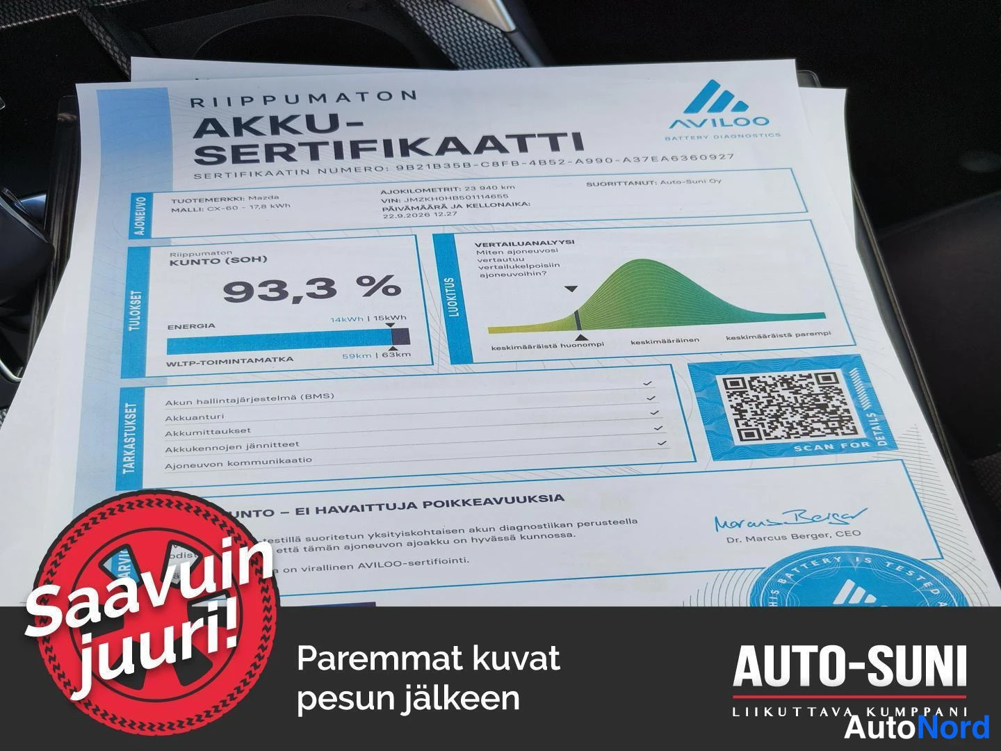 Muu: Riippumaton AVILOO akkusertifikaatti: akun kunto (SOH) 93,3 %, Wltp-toimintamatka 58 km | 63 km, ei havaittuja poikkeavuuksia.