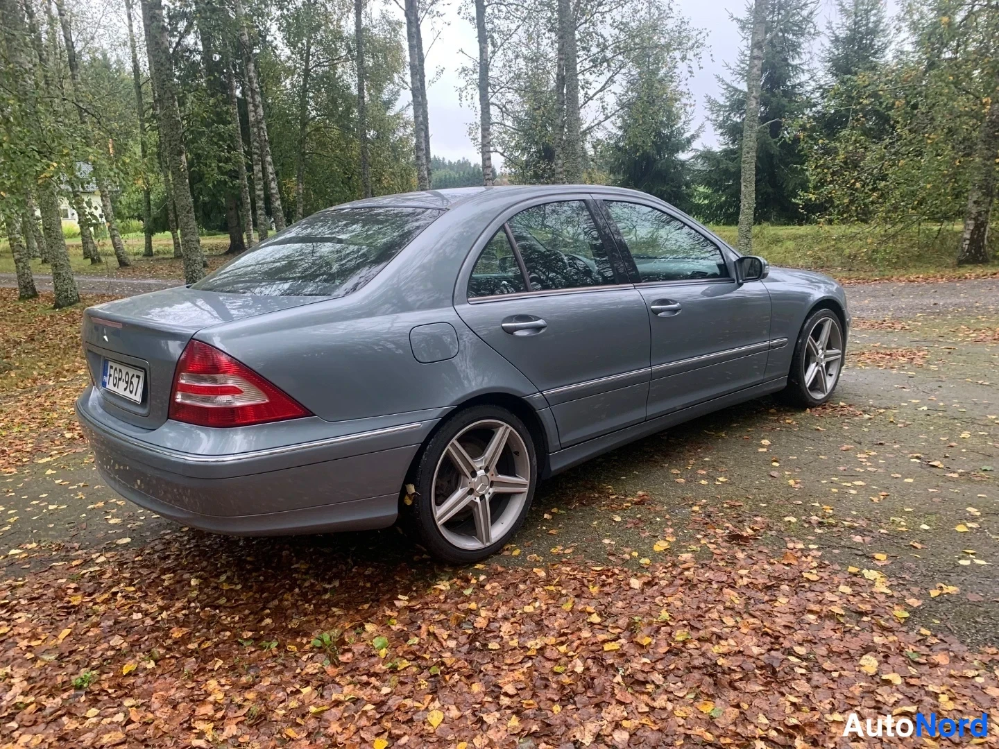 Takaviisto: Harmaa Mercedes-Benz sedan takaa vasemmalta neljännesnäkymästä, takavalo ja rekisteritunnus näkyvissä.