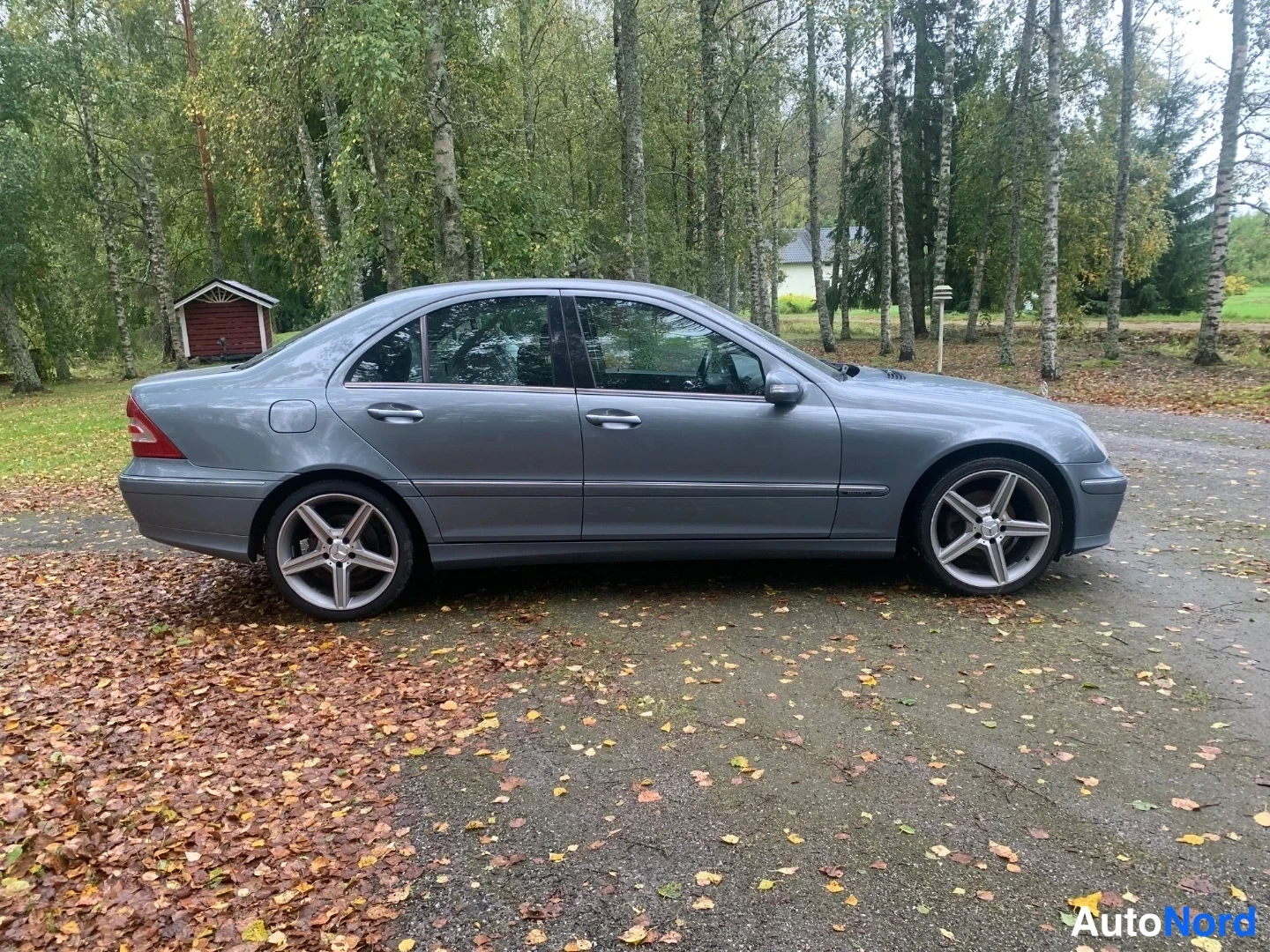 Sivulta: Harmaan sinertävän sedanin sivukuva pihamaalla, lehtisyksy, viisioviset korirakenteet ja moniäväiset kevytmetallivanteet näkyvät.