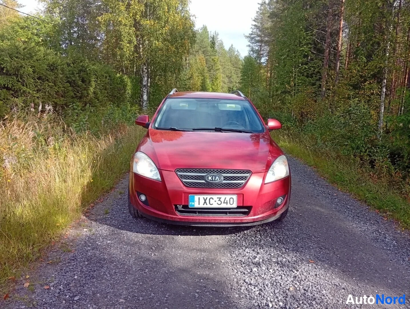 Edestä: Punaisen Kia Ceed -farmarin etunäkymä hiekkatiellä, KIA-merkki ja rekisteritunnus näkyvissä.