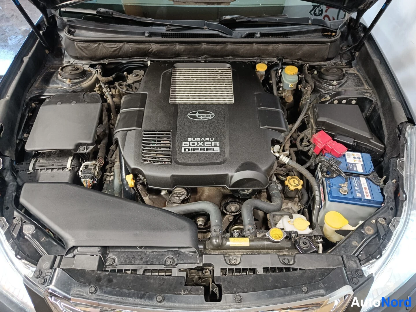 Edestä: Moottoritila auki, peiteltyissä kannessa lukee 'SUBARU BOXER DIESEL'; akku ja nesteiden täyttöaukot näkyvät.