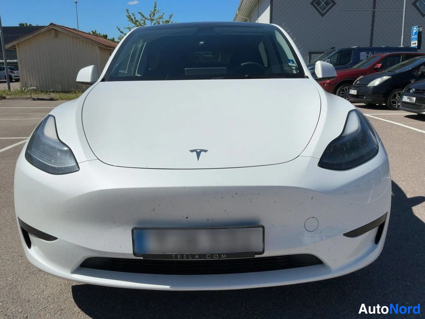 Edestä: Valkoinen Tesla Model Y suoraan edestä kuvattuna; T-merkki konepellillä, ajovalot ja TESLA.COM-tekstiä kantava rekisterikilventeline näkyvissä.
