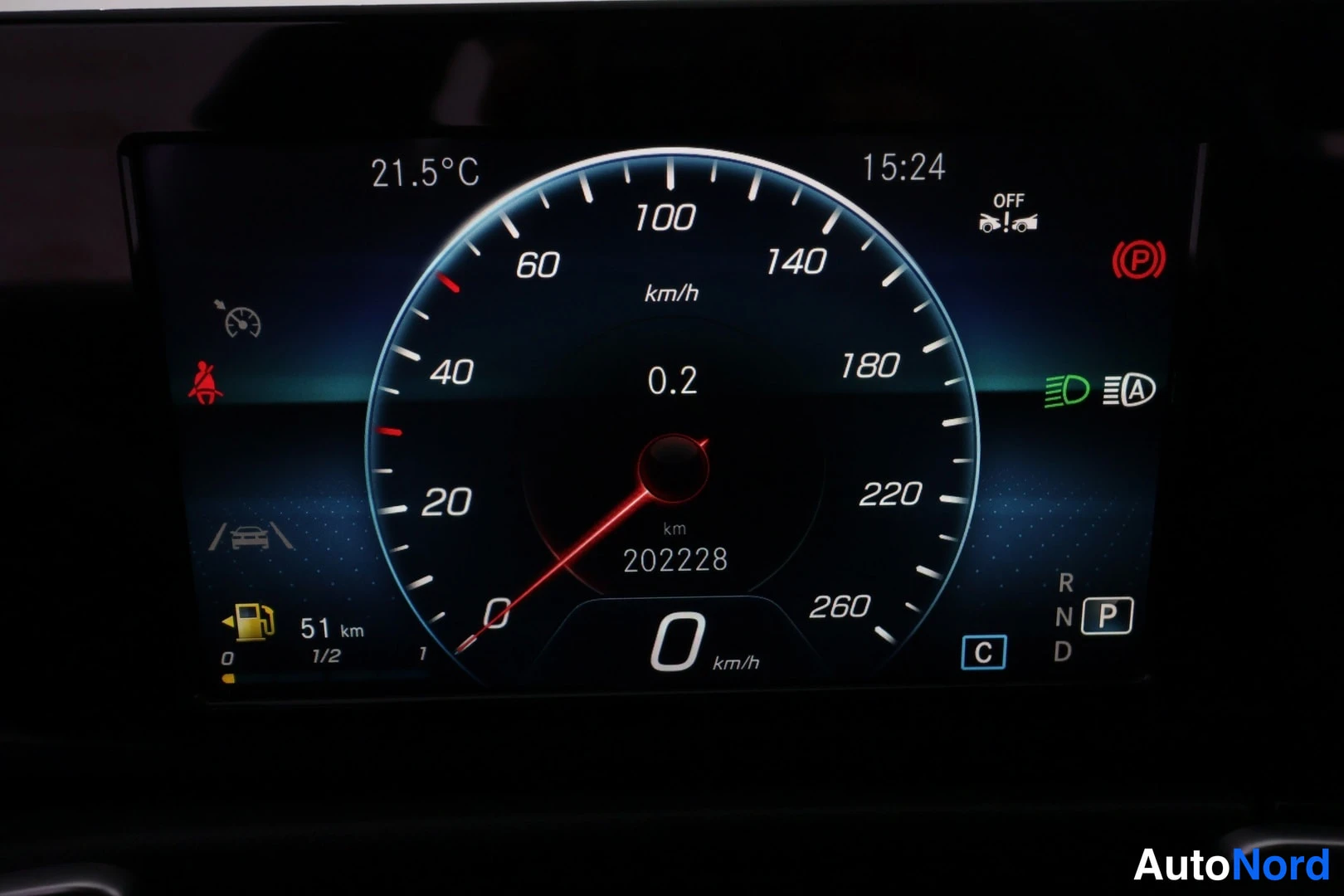 Yksityiskohta: Mittaristojen näyttö, nopeusmittari 0 km/h ja kilometrilukema 202228 km.