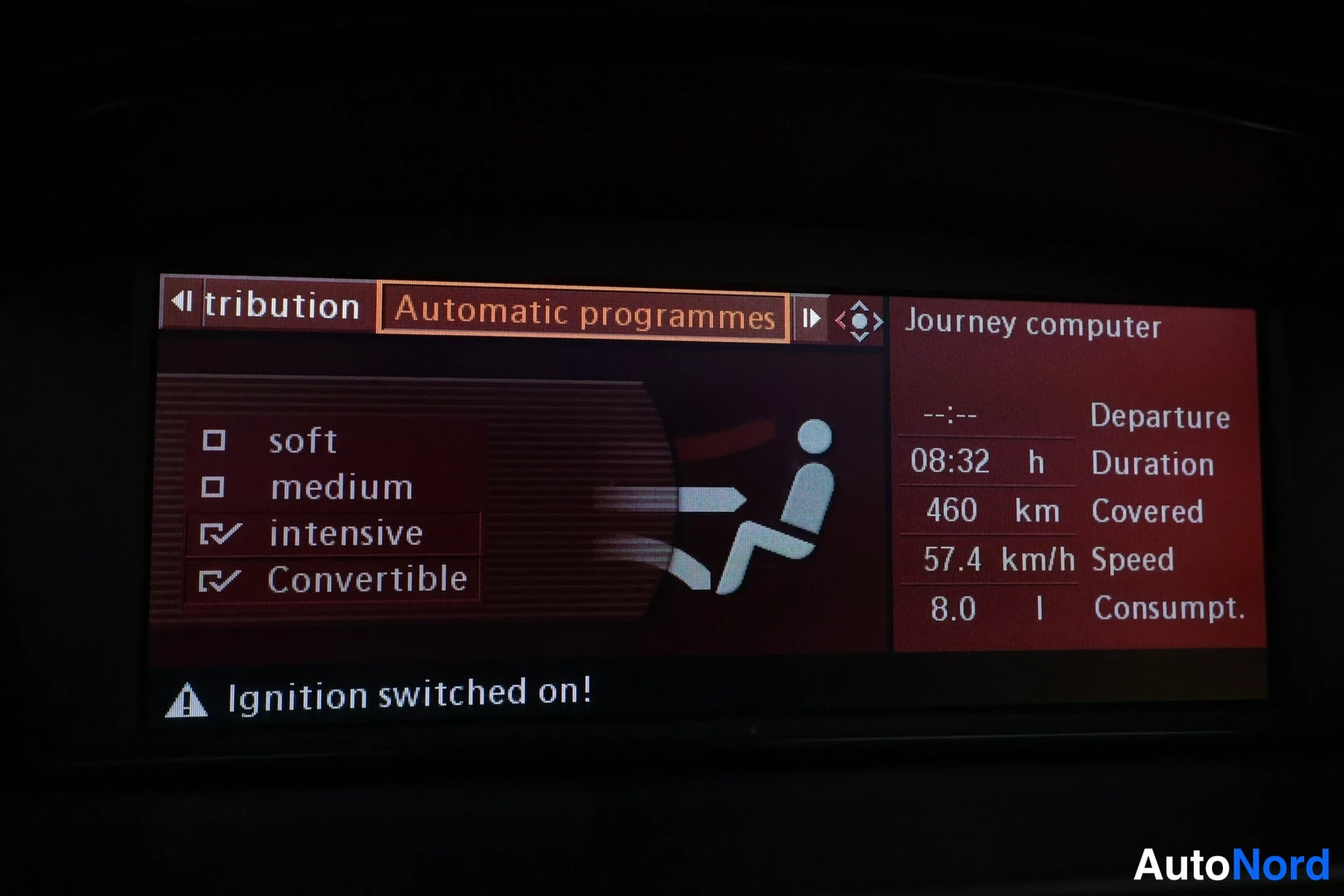 Muu: Mittarinäytön Journey computer näyttää 460 km ajettu, 57,4 km/h ja 8,0 l kulutus.
