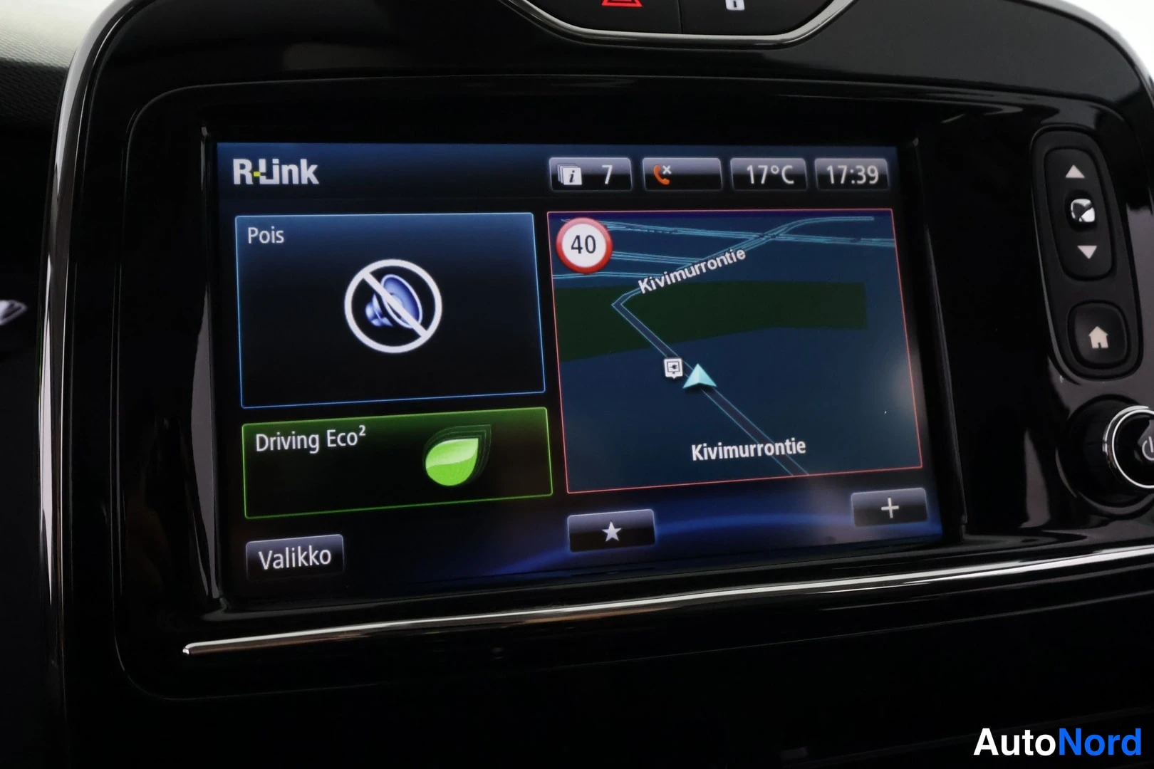 Muu: Renaultin R-Link-kosketusnäytön valikko: kartta, Driving Eco² -toiminto ja ääni pois -tila.