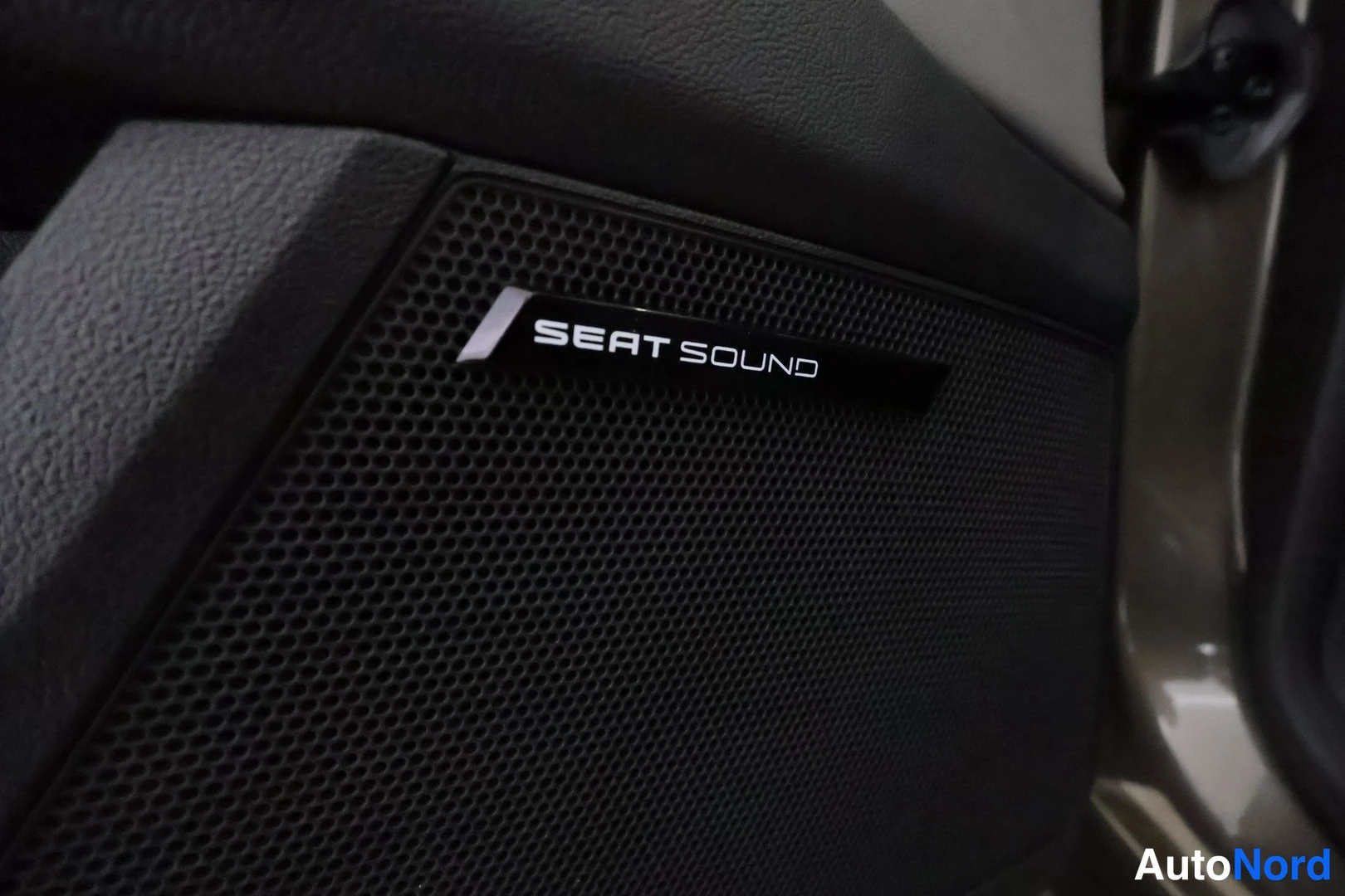 Yksityiskohta: Ovenkaiuttimen suojaverkko ja SEAT SOUND -merkintä lähikuvassa.